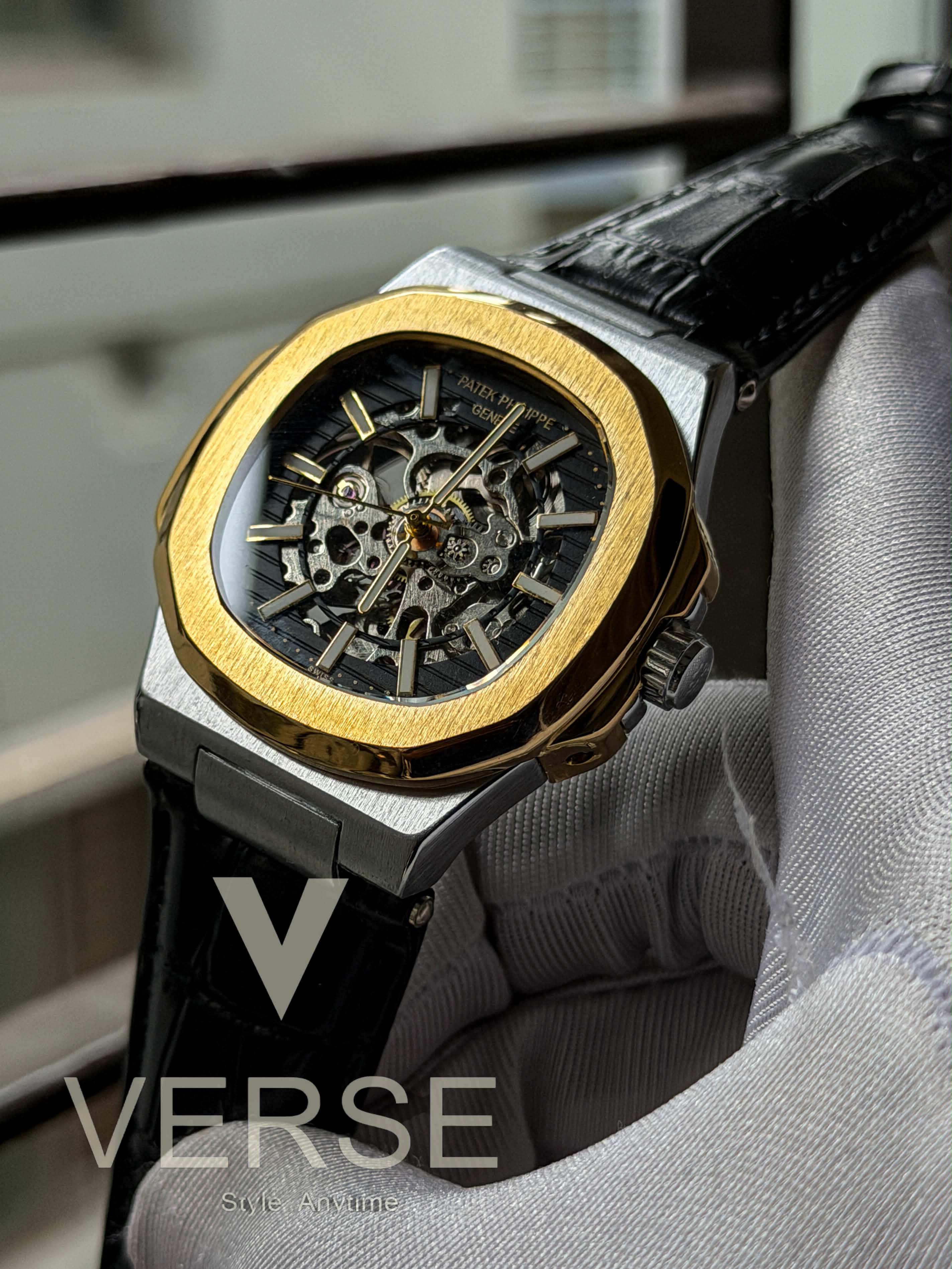 Patek Philippe Nautilus Automatic | Two-Tone Black Leather Black Skeleton Dial - ( Double A ) - VERSE -