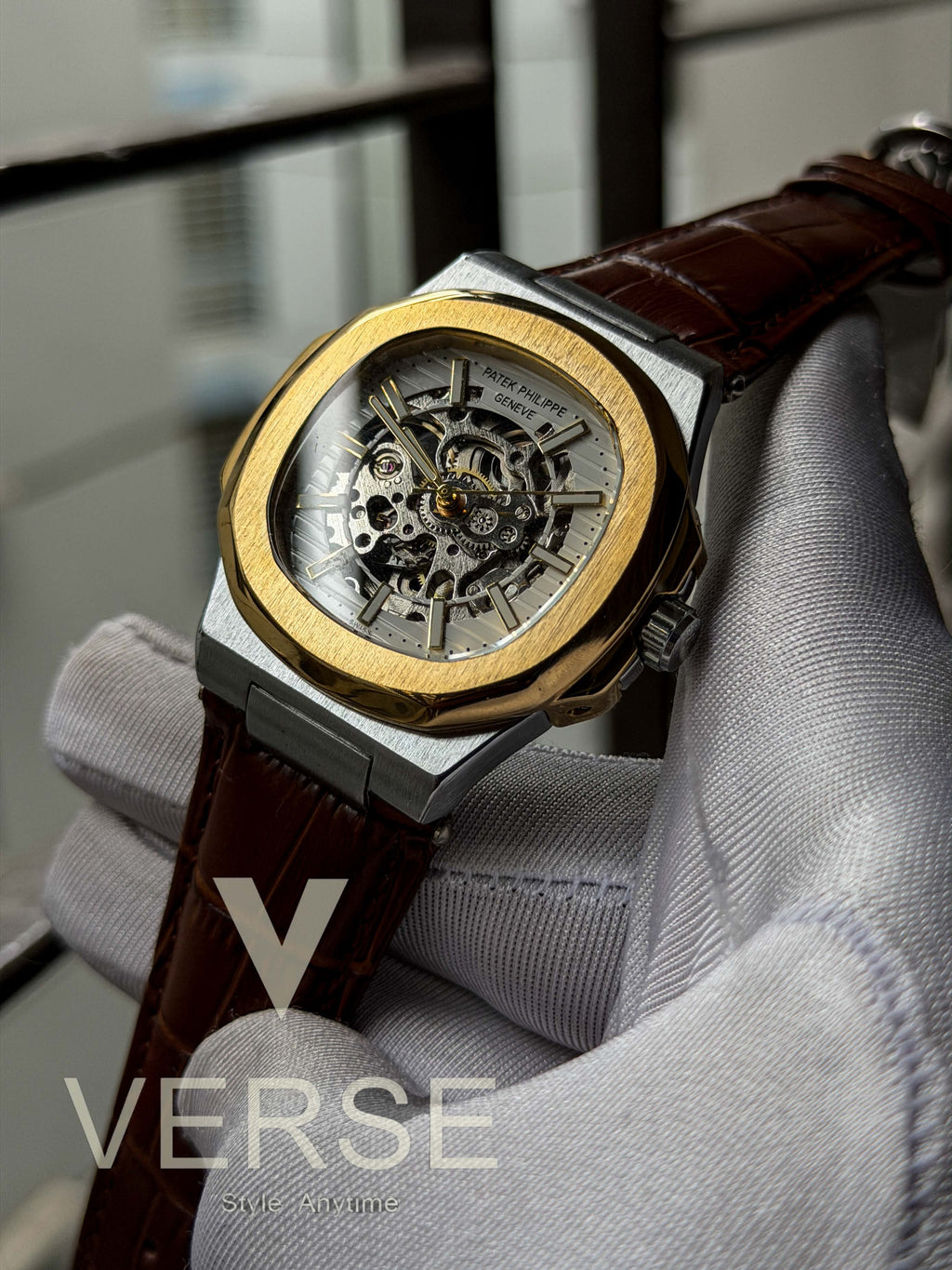 Patek Philippe Nautilus Automatic | Two-Tone Brown Leather White Skeleton Dial - ( Double A ) - VERSE -