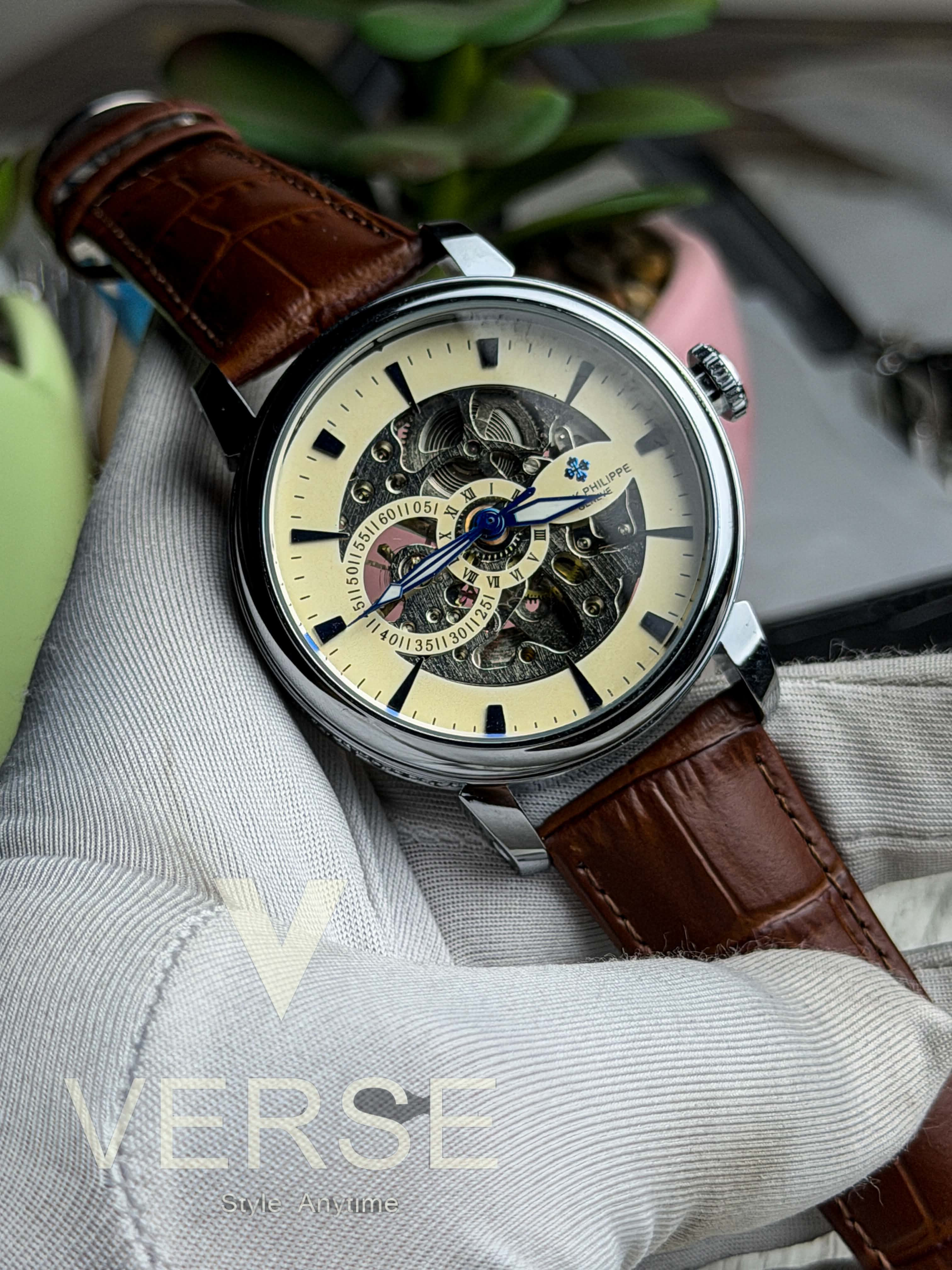 Patek Philippe Novachron Open Heart Automatic | Ivory Skeleton Dial Brown Leather - ( Semi Triple A ) - VERSE - 