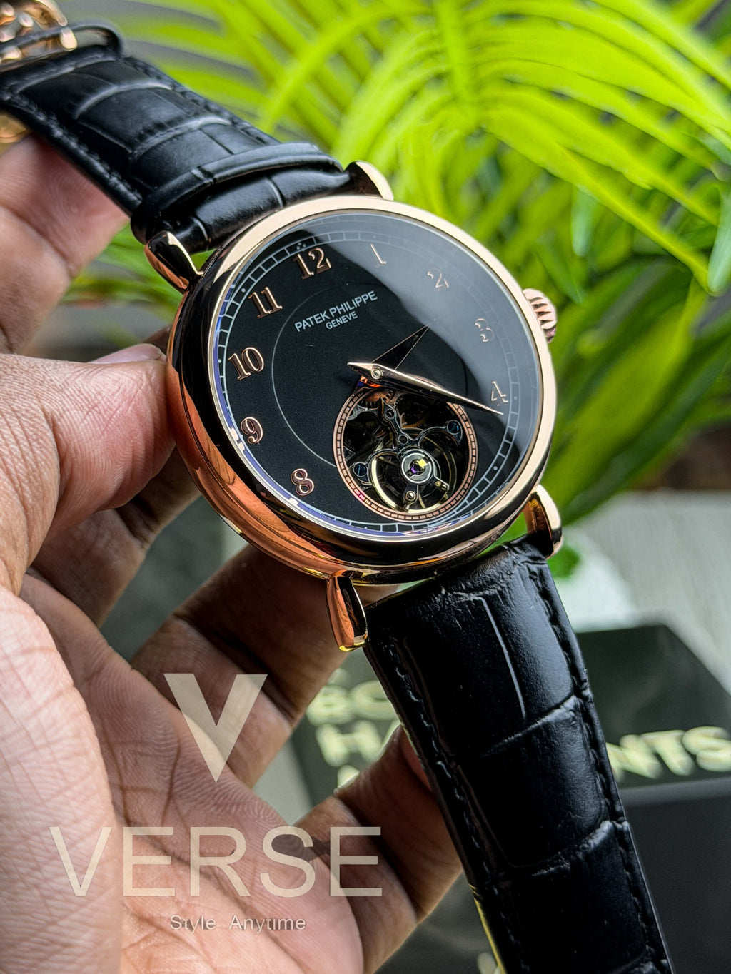 Patek Philippe Prestige Calatrava Tourbillon | Black Dial Rose Gold-Toned Black Leather - ( Semi Triple A ) - VERSE -