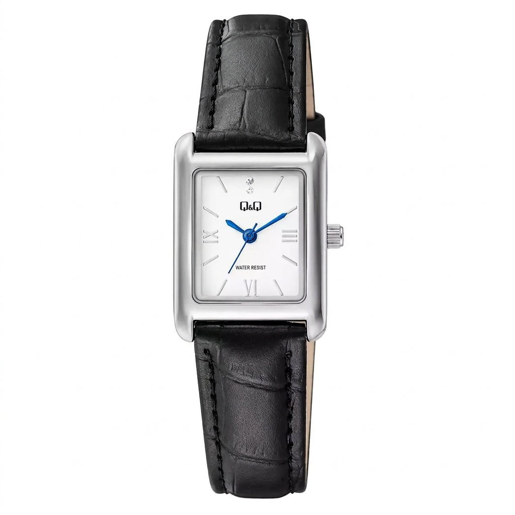 Q&Q C69A-010PY Crisp White Rectangular Dial Black Leather Women's Watch | Q&Q C69A-010PY - VERSE -