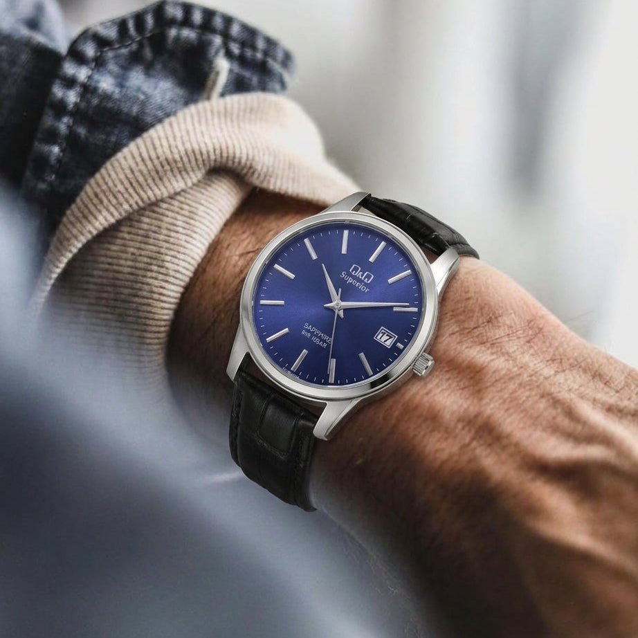 Q&Q Superior S330J302Y Blue Dial Black Leather Strap Men's Watch | Q&Q S330J302Y - VERSE -