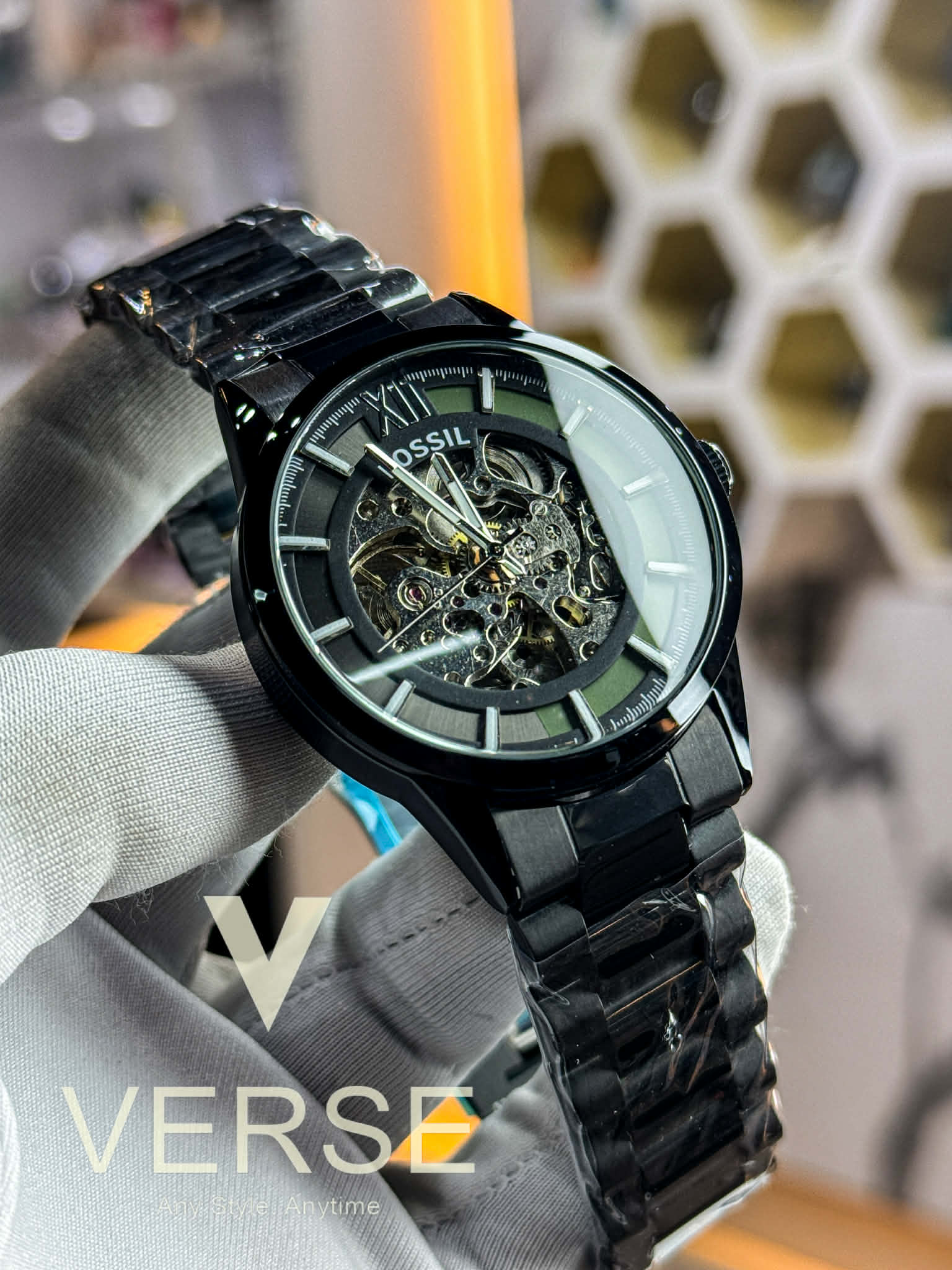 Fossil Townsman Automatic Black Chain | Skeleton Olive Green Dual - Tone Dial - VERSE - 