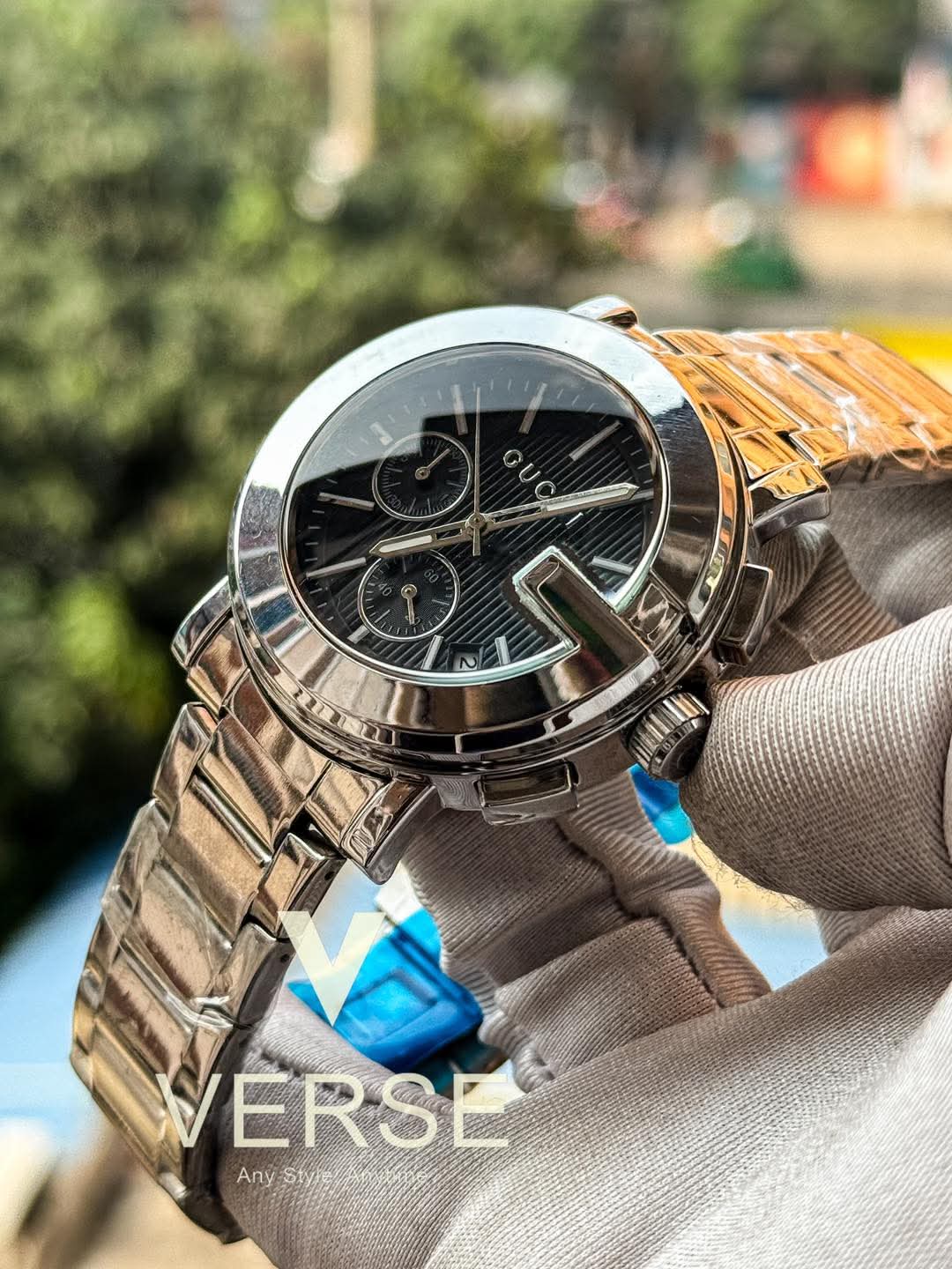 Gucci G - Chronograph Silver Chain Black Dial AA - VERSE - 
