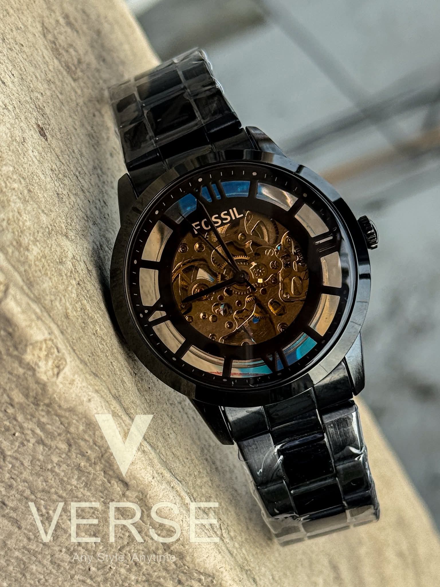 Fossil Automatic Skeleton Black Chain Brown Glass AA - VERSE - 