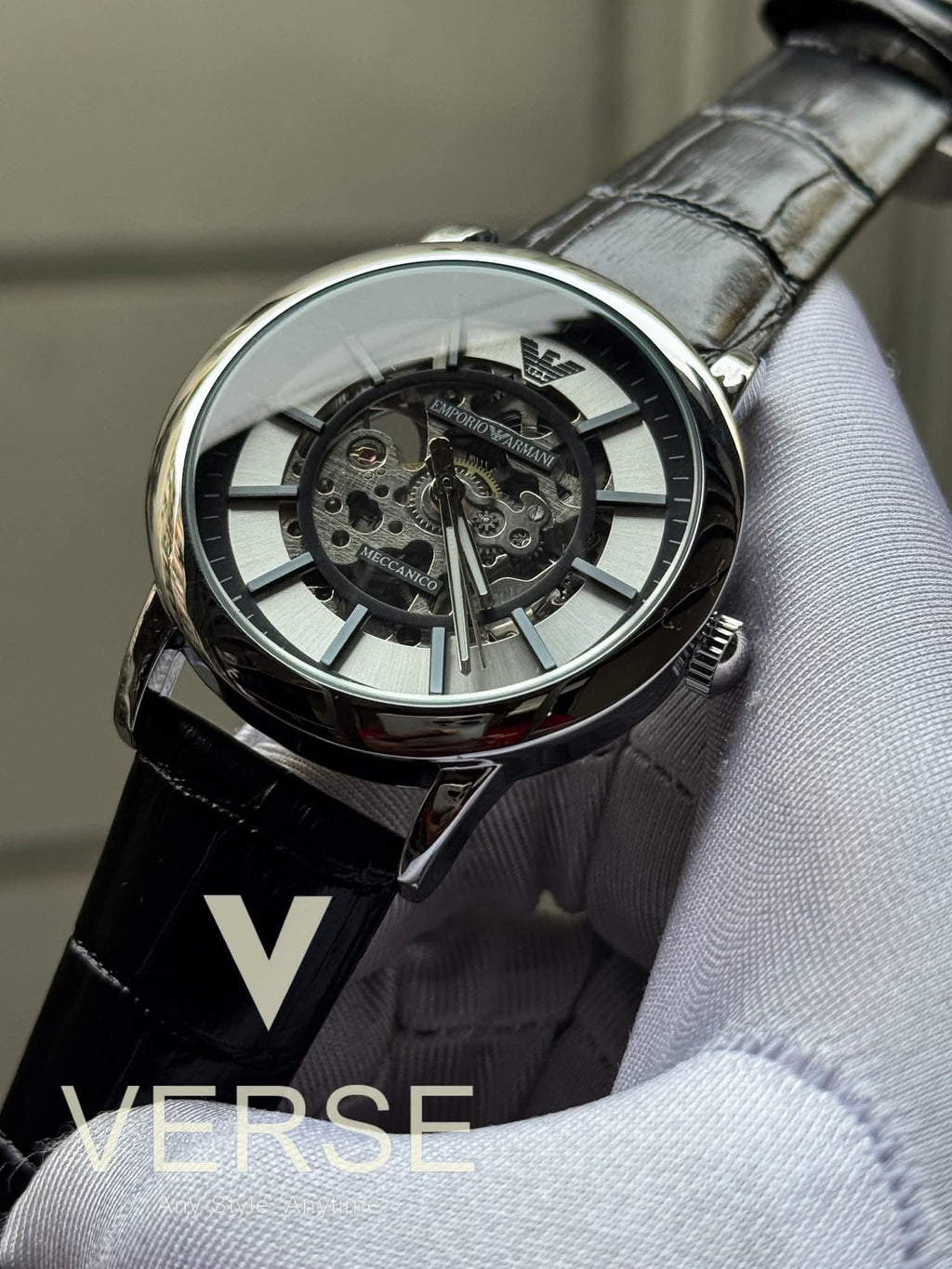 Armani Automatic Oval Black Belt Silver Case Black - Silver Dial AA - VERSE - 