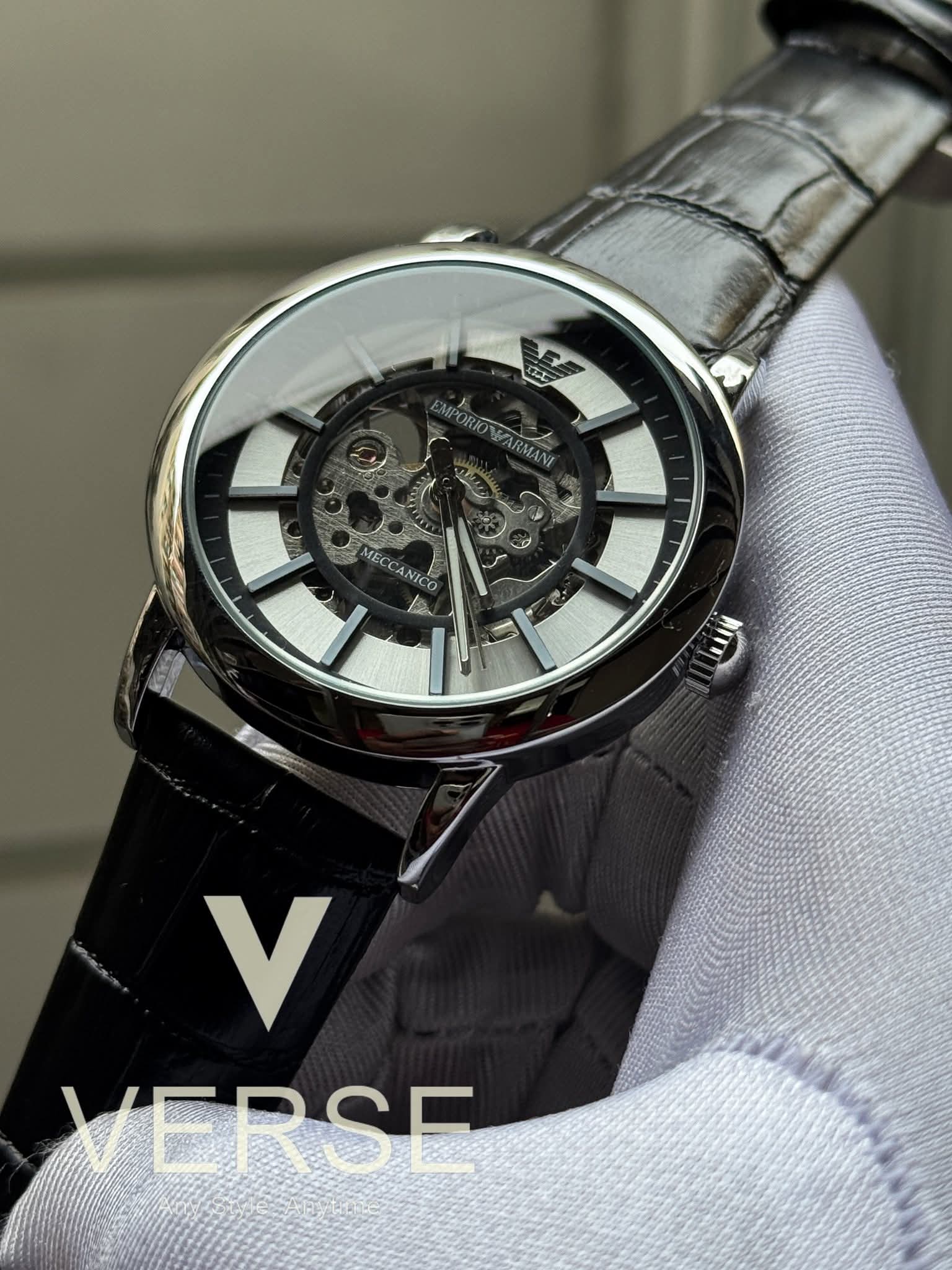 Armani Automatic Oval Black Belt Silver Case Black - Silver Dial AA - VERSE - 