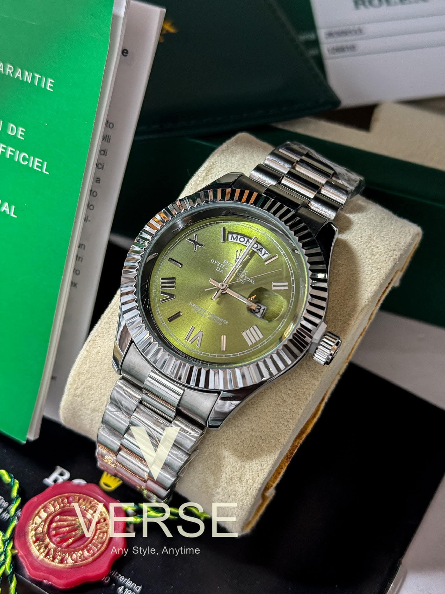 Rolex Day - Date Silver Chain Olive Green Dial AA - VERSE - 
