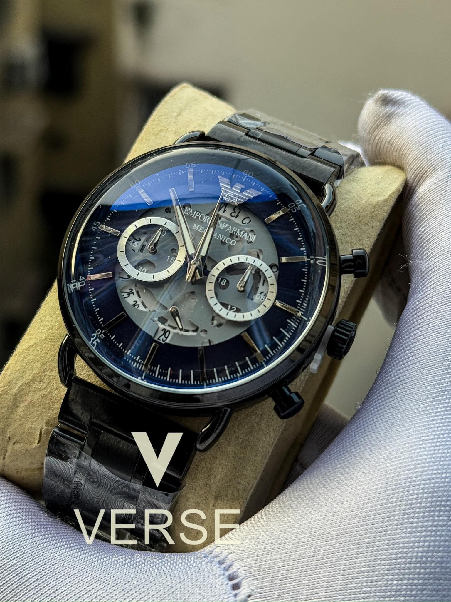 Armani Oval Meccanico Black Chain Blue Dial AA - VERSE - 