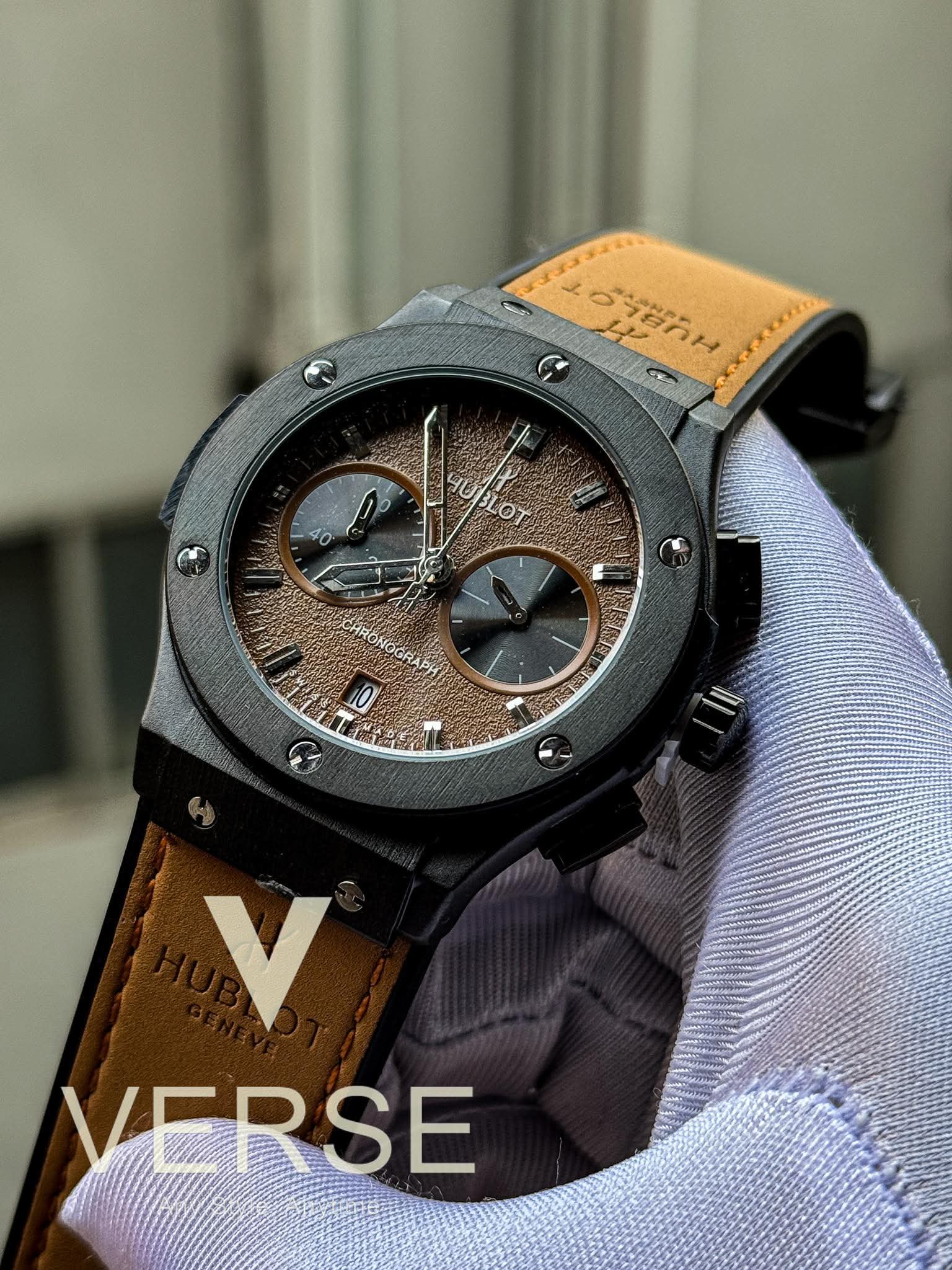 Hublot Classic Fusion Chronograph Tan/Caramel Brown Belt Black Case AA - VERSE - 