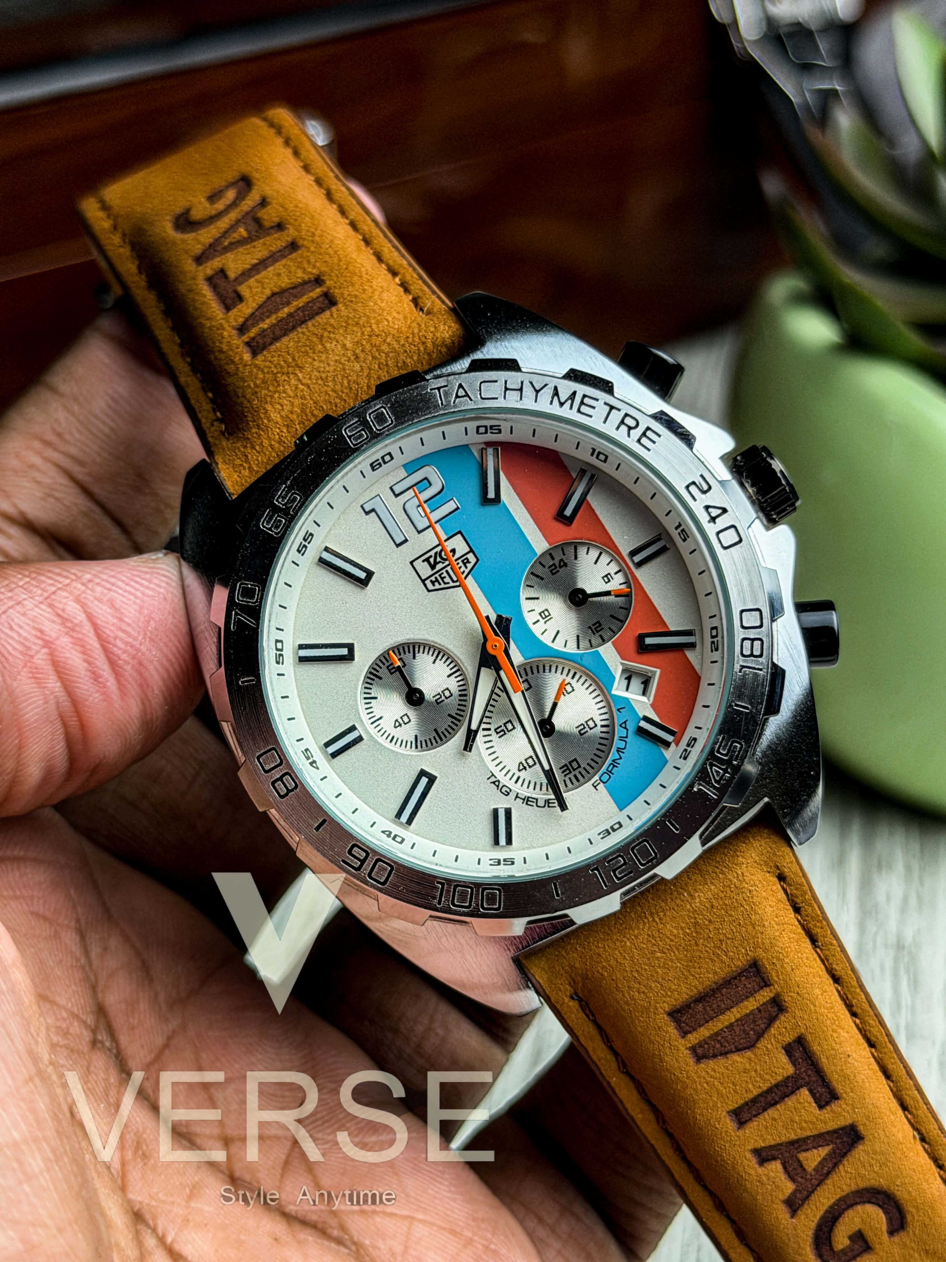 TAG Heuer Formula 1 Chronograph Gulf Edition | White F1 Dial Camel Brown Suede Leather - ( Double A )