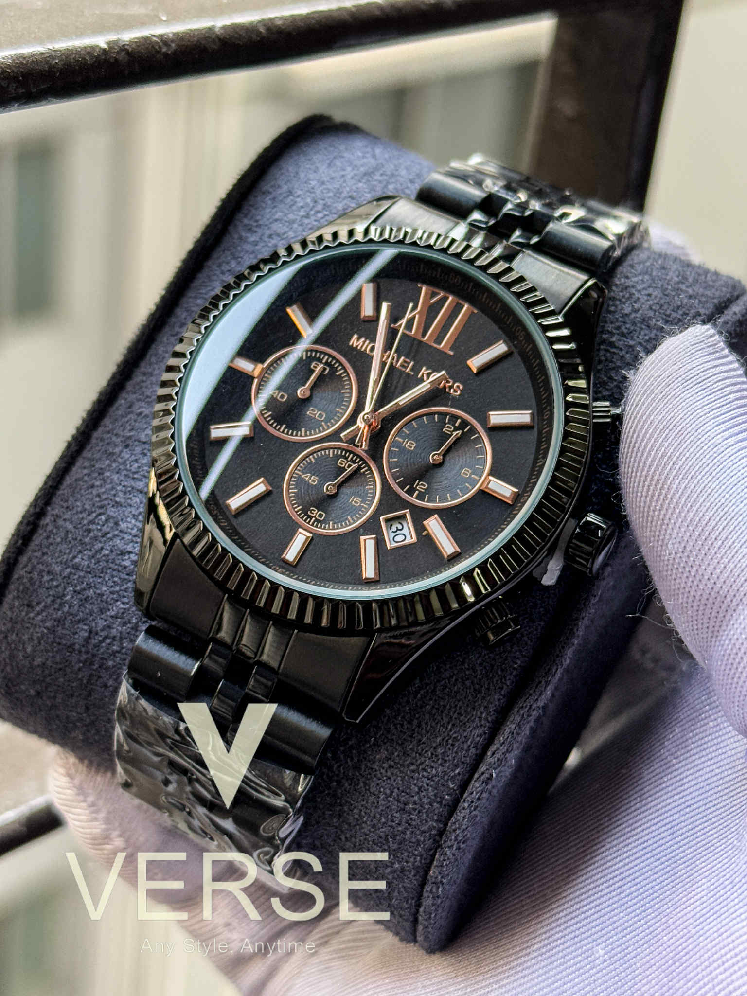 Michael Kors Lexington Chronograph Black Chain Rose Gold Digits AA - VERSE - 