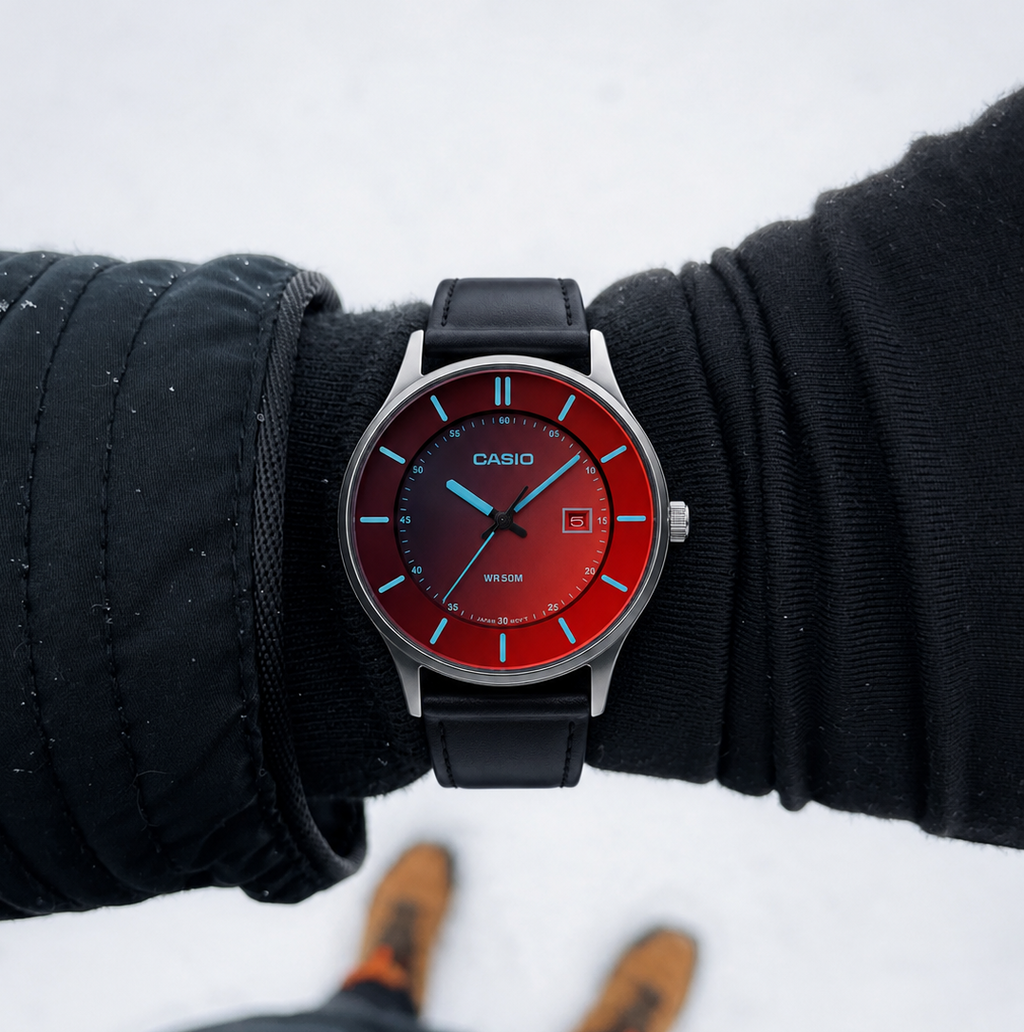 Casio Enticer MTP-E605L-1EVDF Black Red Polarised Dial Black Leather Men's Watch | Casio MTP-E605L-1EVDF