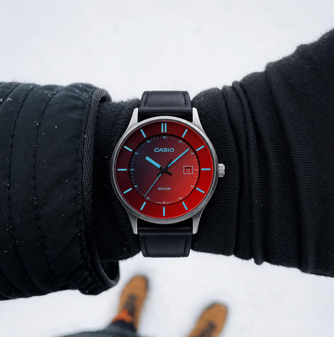 Casio Enticer MTP-E605L-1EVDF Black Red Polarised Dial Black Leather Men's Watch | Casio MTP-E605L-1EVDF