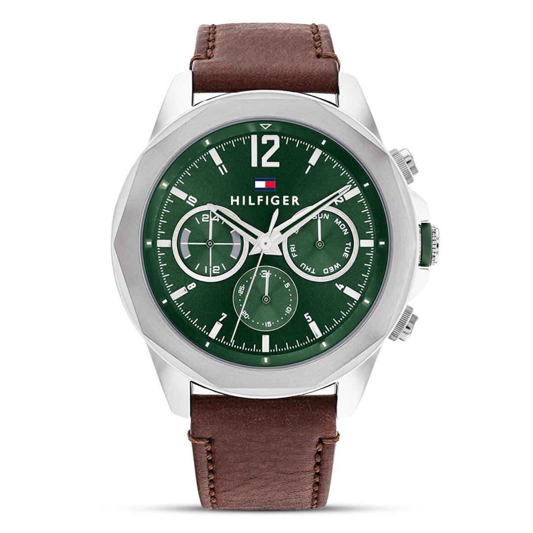 Tommy Hilfiger Lars 1792064 Men’s 46 mm Quartz Multifunction – Green Dial & Brown Leather Strap - VERSE - 