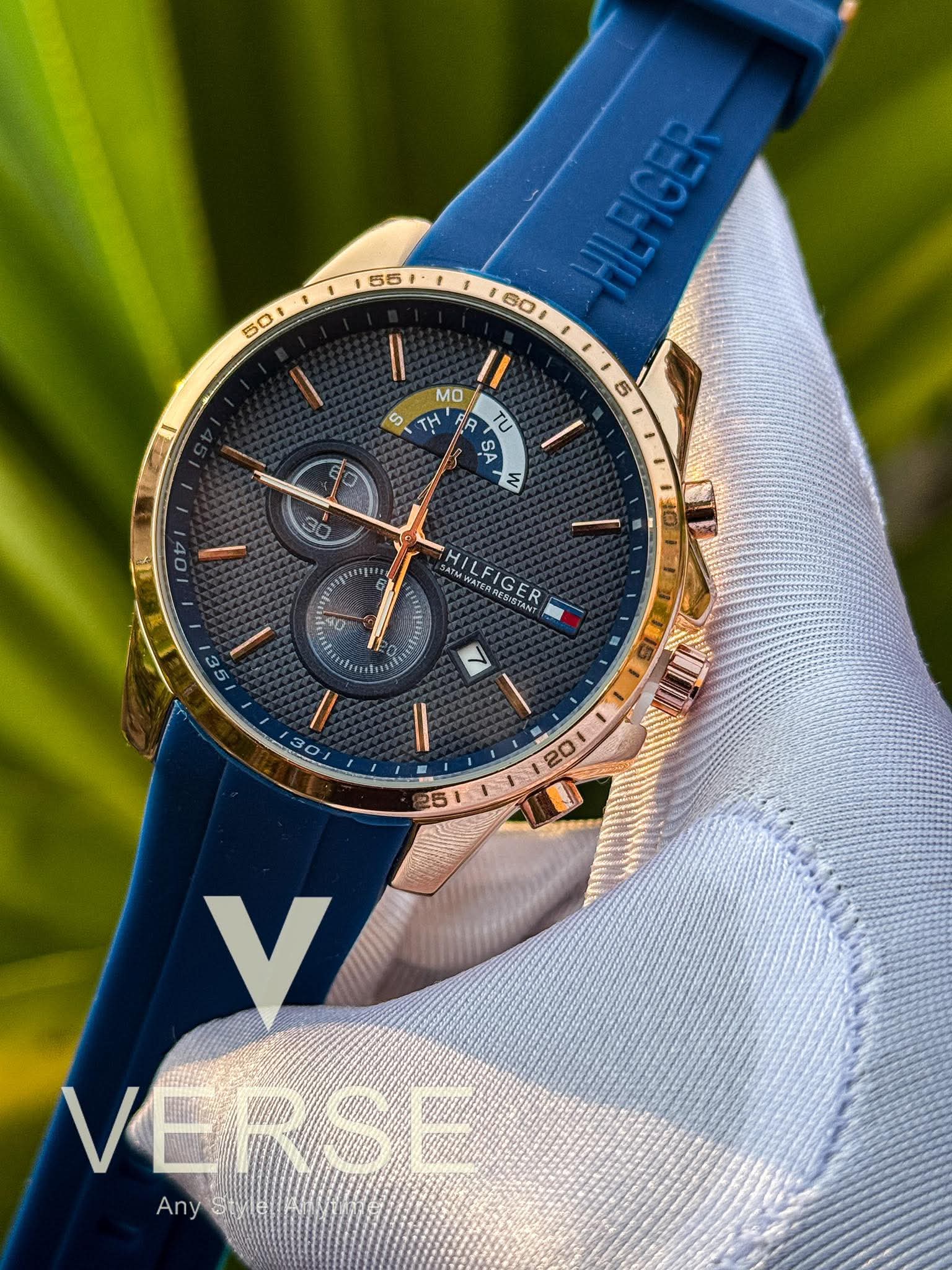 Tommy Hilfiger Decker Chronograph Blue Belt Rose Gold Case AA - VERSE - 