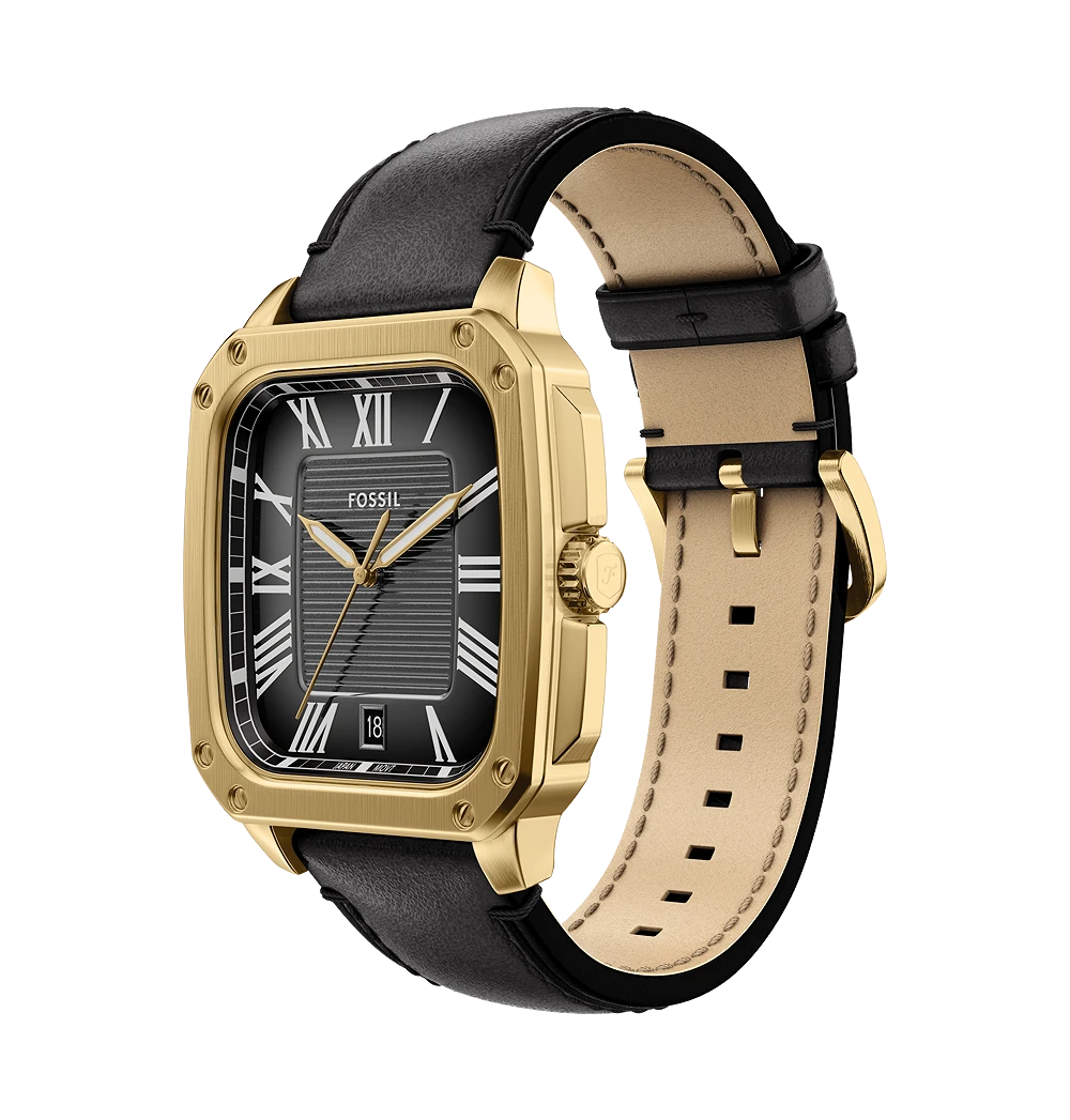Fossil Crosby Three-Hand Date Gold-Tone Black Dial Black Leather Men's Watch | Fossil FS6151