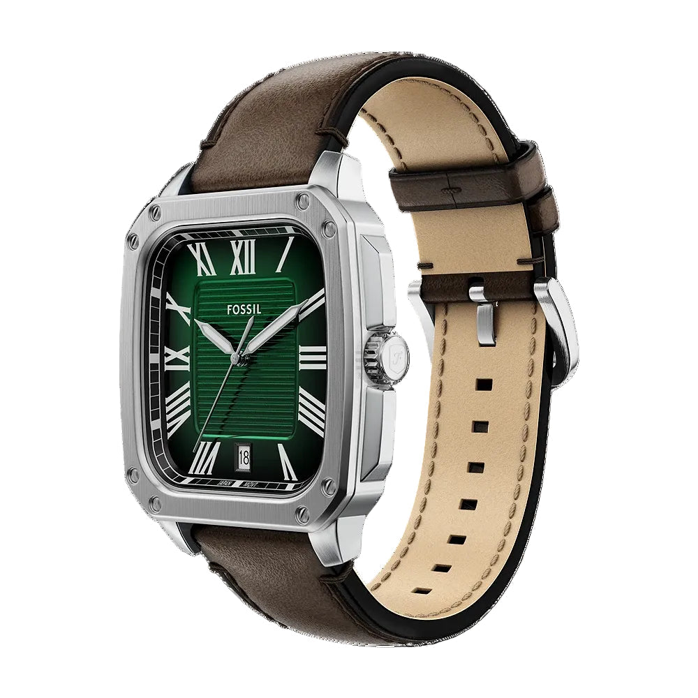 Fossil Crosby Three-Hand Date Satin Green Dial Brown Leather Men's Watch | Fossil FS6150