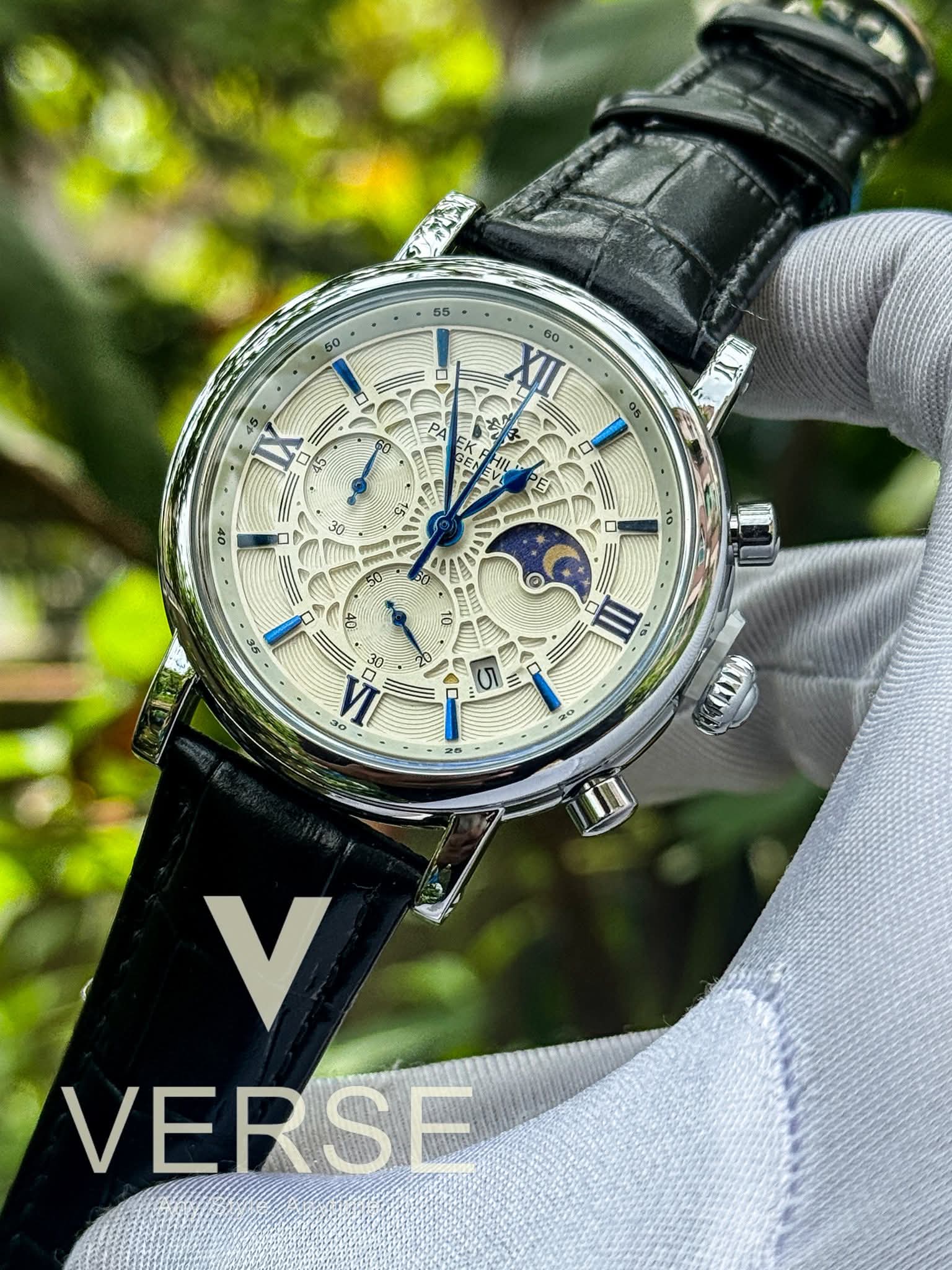 Patek Philippe Chronograph Moonphase Black Belt Spider White Dial Blue Digits AA - VERSE - 