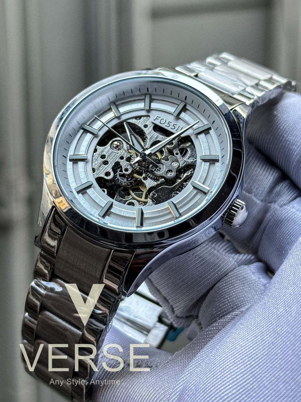 Fossil Automatic Silver Chain White Skeleton Dial AA - VERSE - 