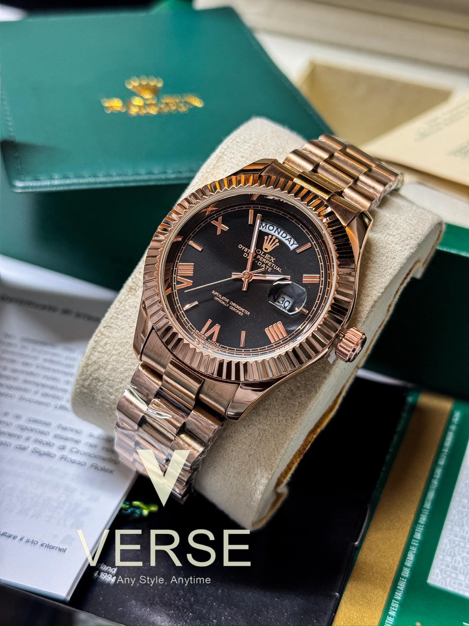 Rolex Day - Date Rose Gold Chain Black Dial AA - VERSE - 