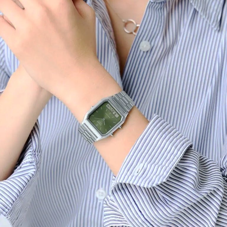 Casio AQ - 230A - 3AMQY Analog - Digital Olive Green Dial Stainless Steel Unisex Watch | Casio AQ - 230A - 3AMQY - VERSE - 
