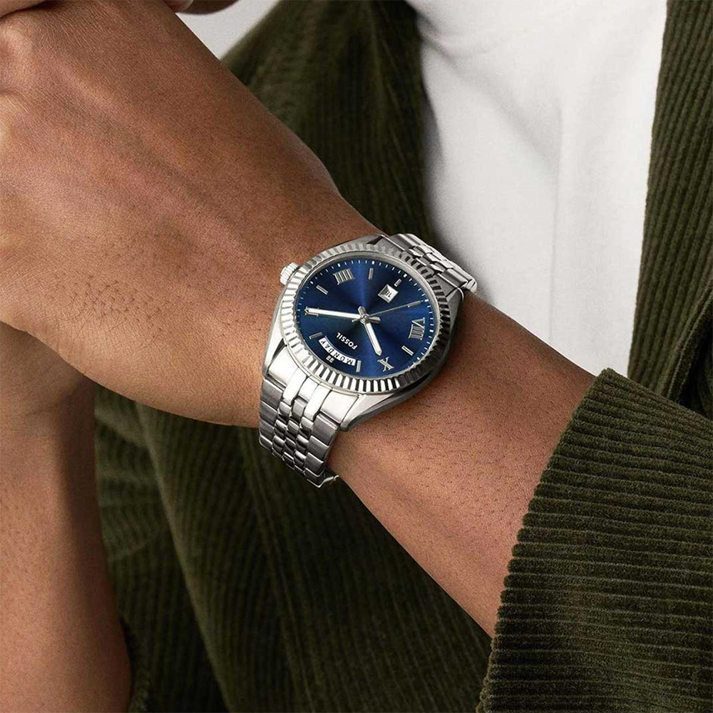 Fossil Campbell Day-Date Navy Blue Dial Stainless Steel Men's Watch | Fossil FS6140