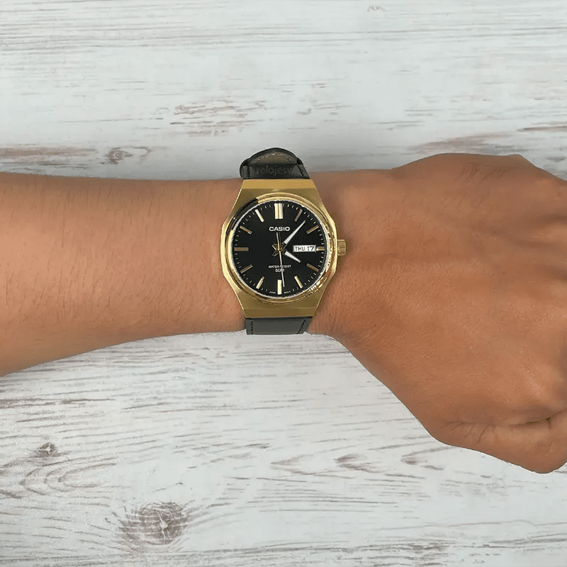 Casio MTP - E735GL - 1AV Day Date Black Dial Gold Tone Leather Men's Watch | Casio MTP - E735GL - 1AV - VERSE - 