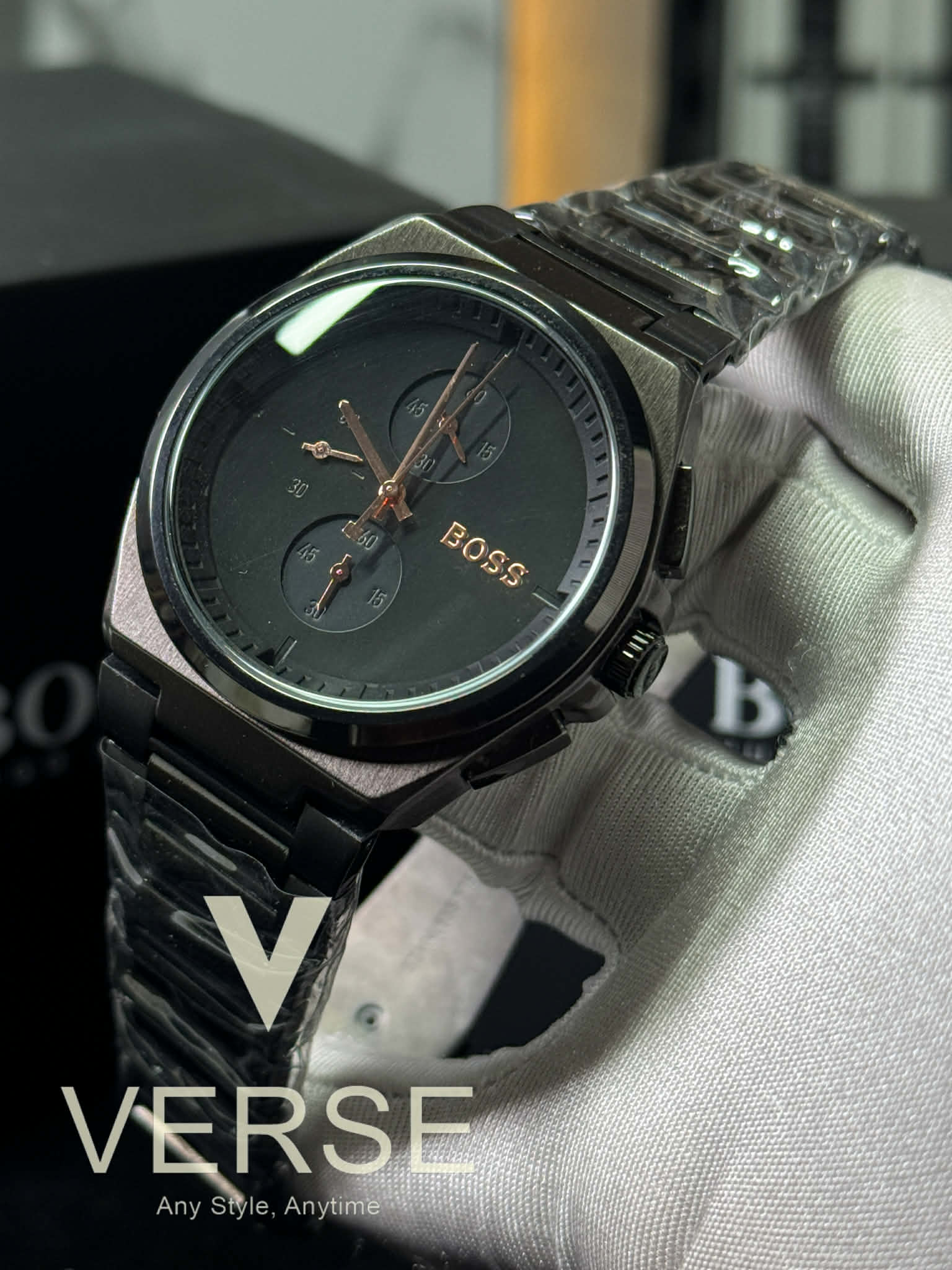 BOSS Steer Chronograph Black Stainless Steel Watch – Black Dial AA - VERSE - 