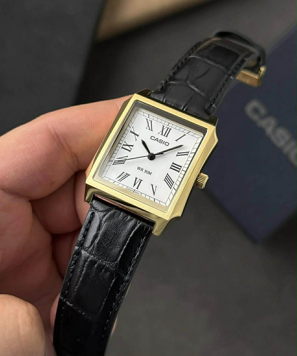 Casio MTP - B190GL - 7BVDF Gold Tone White Dial Black Leather Men’s Tank Watch | Casio MTP - B190GL - 7BVDF - VERSE - 