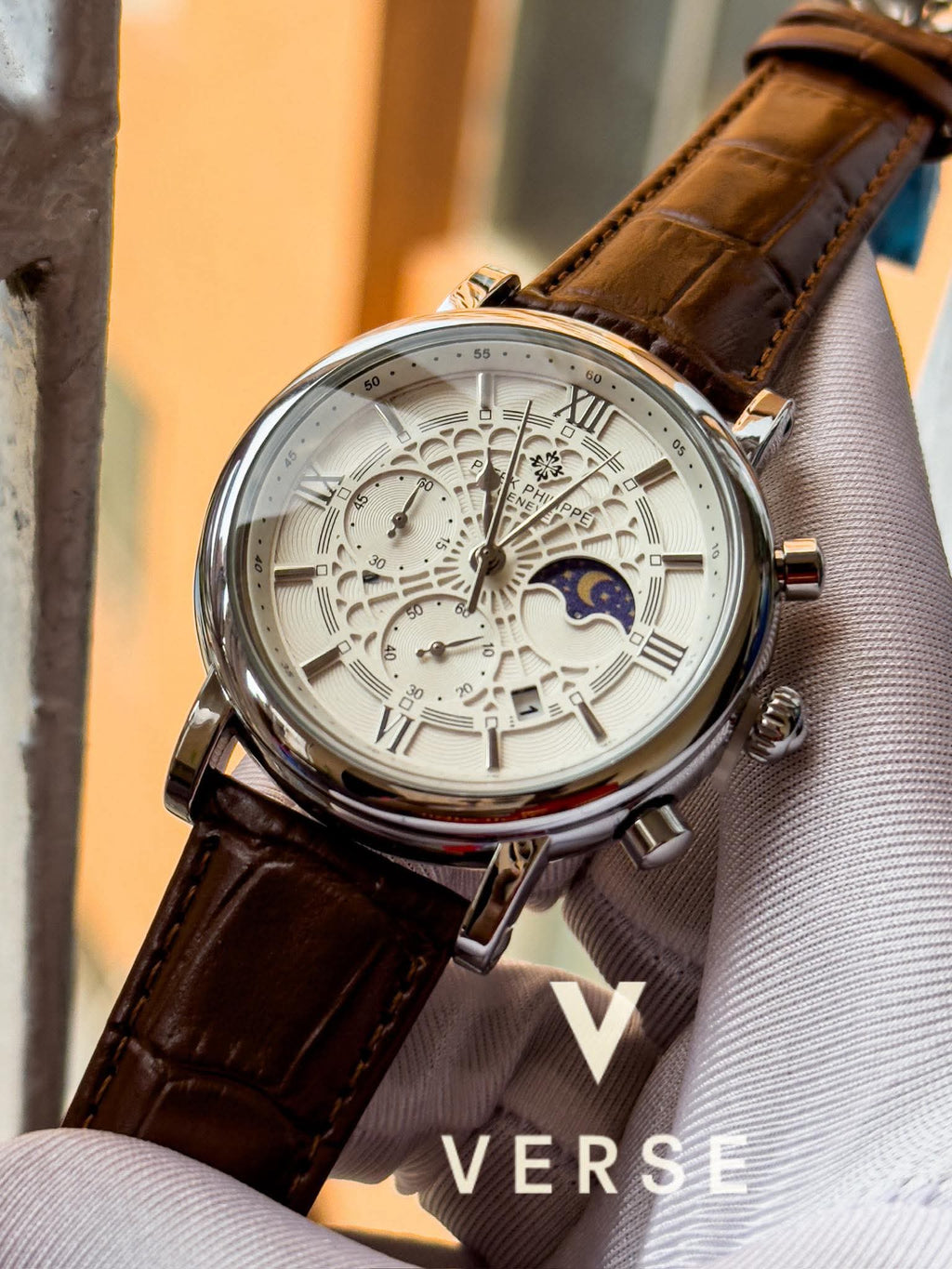 Patek Philippe Chronograph Moonphase Brown Belt Spider White Dial AA - VERSE - 