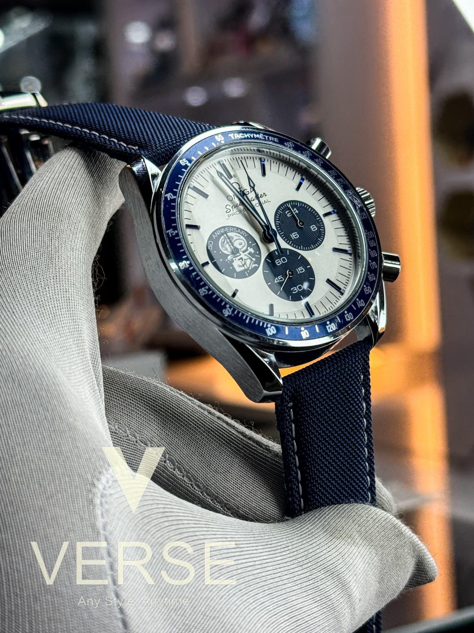 Omega Speedmaster “Silver Snoopy Award” 50th Anniversary | Silver - White Dial – Blue Nylon Strap - VERSE - 