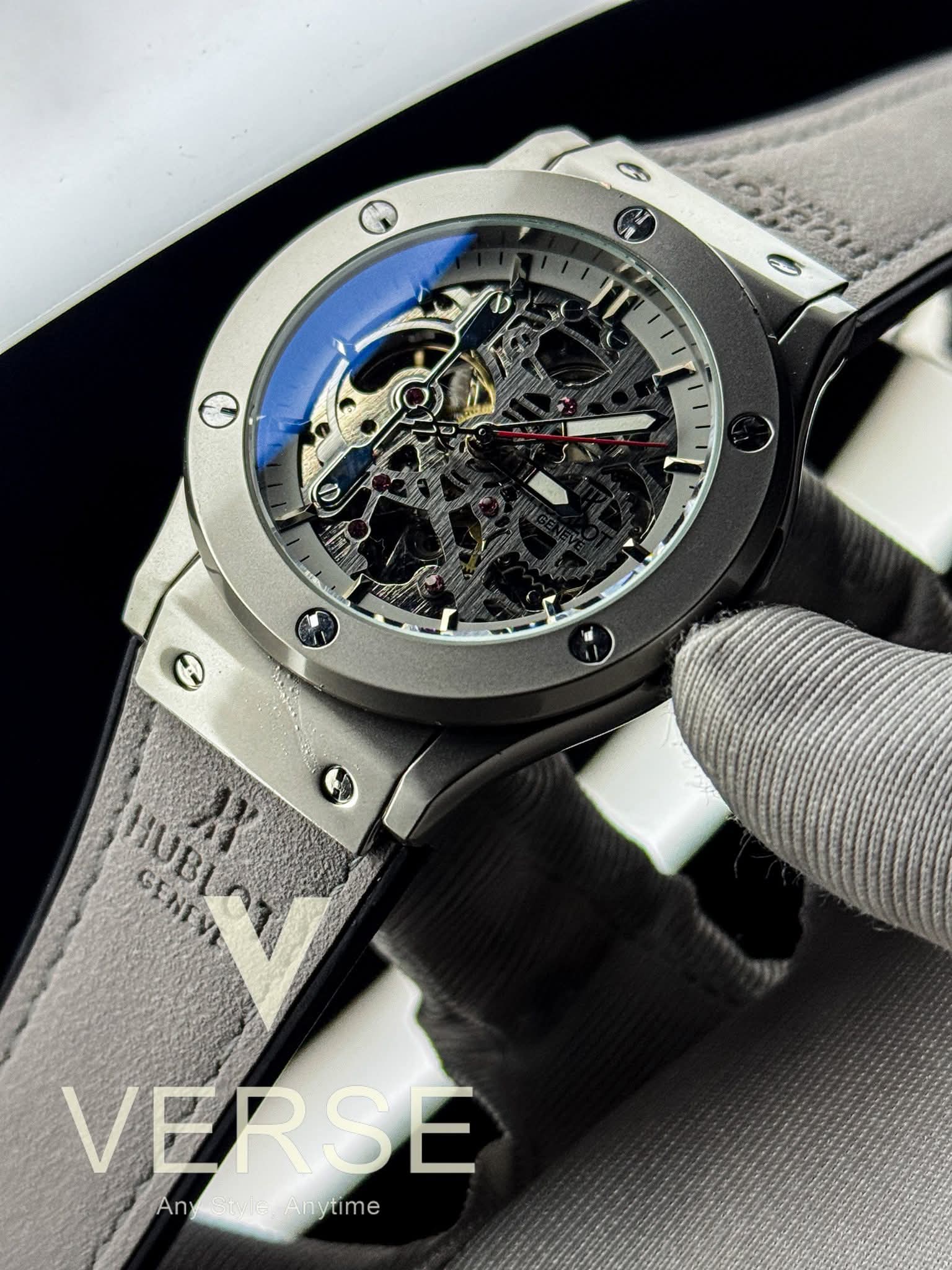 Hublot Automatic Grey Belt Silver Case Openworked White Dial AA - VERSE - 