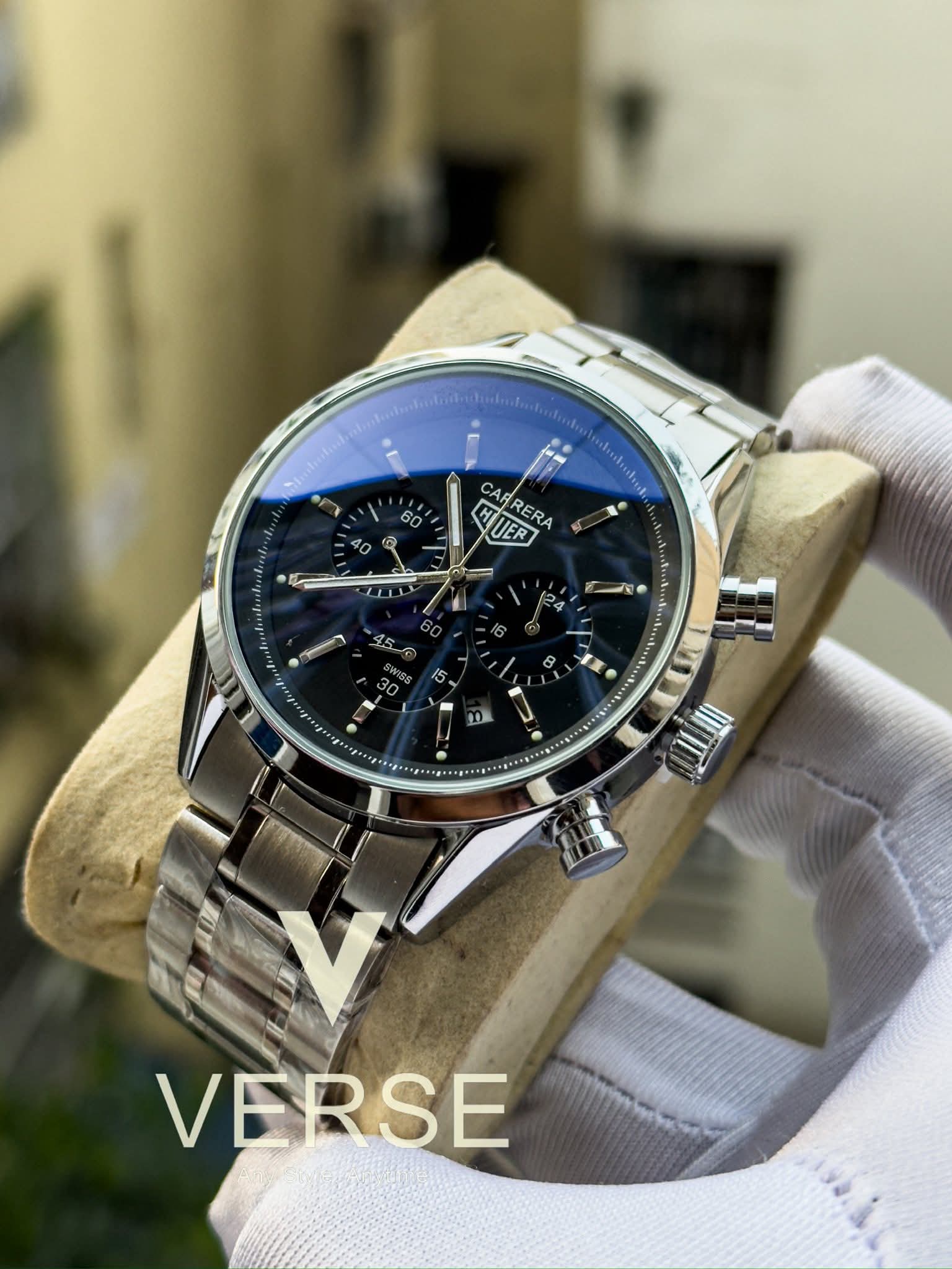 TAG Heuer Carrera Chronograph Silver Chain Black Dial AA - VERSE - 