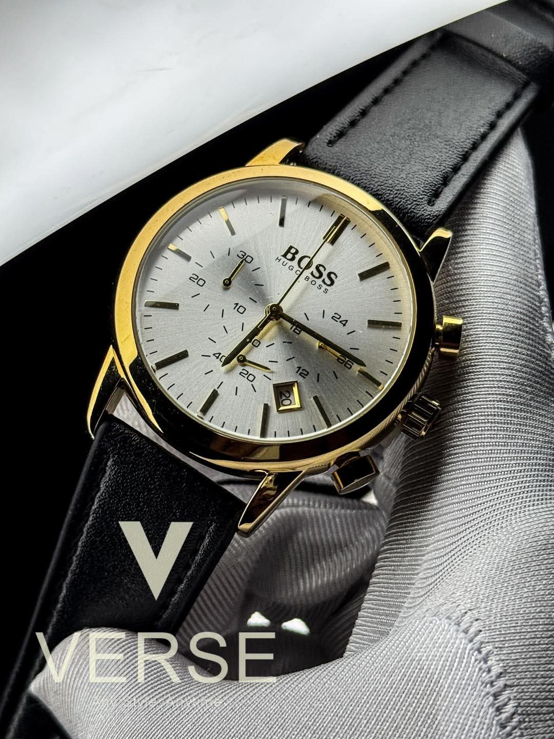 Hugo Boss Trace Chronograph Black Belt Gold Case White Dial AA - VERSE - 