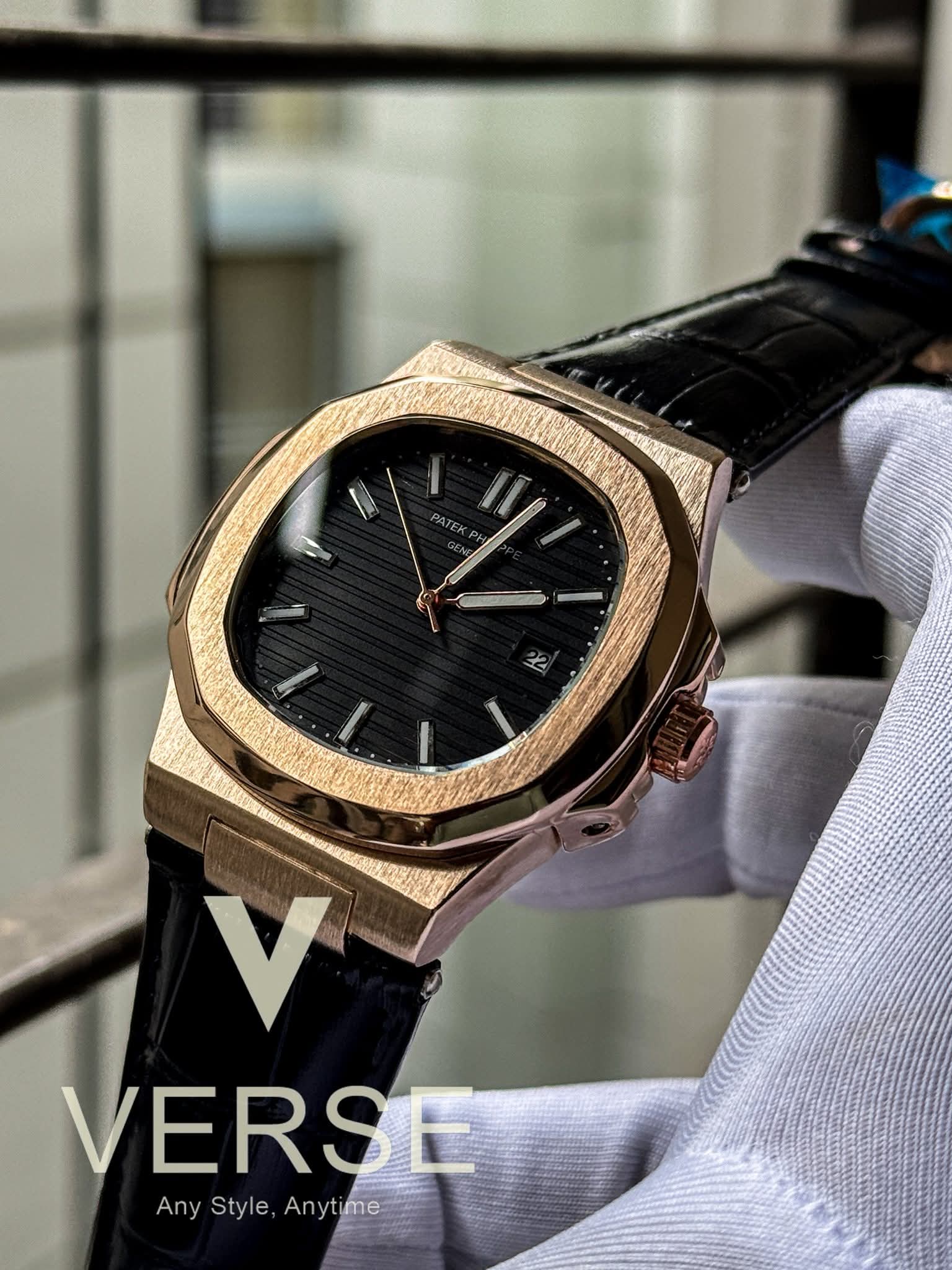 Patek Philippe Nautilus Black Belt Rose Gold Case Black Dial Quartz AA - VERSE - 
