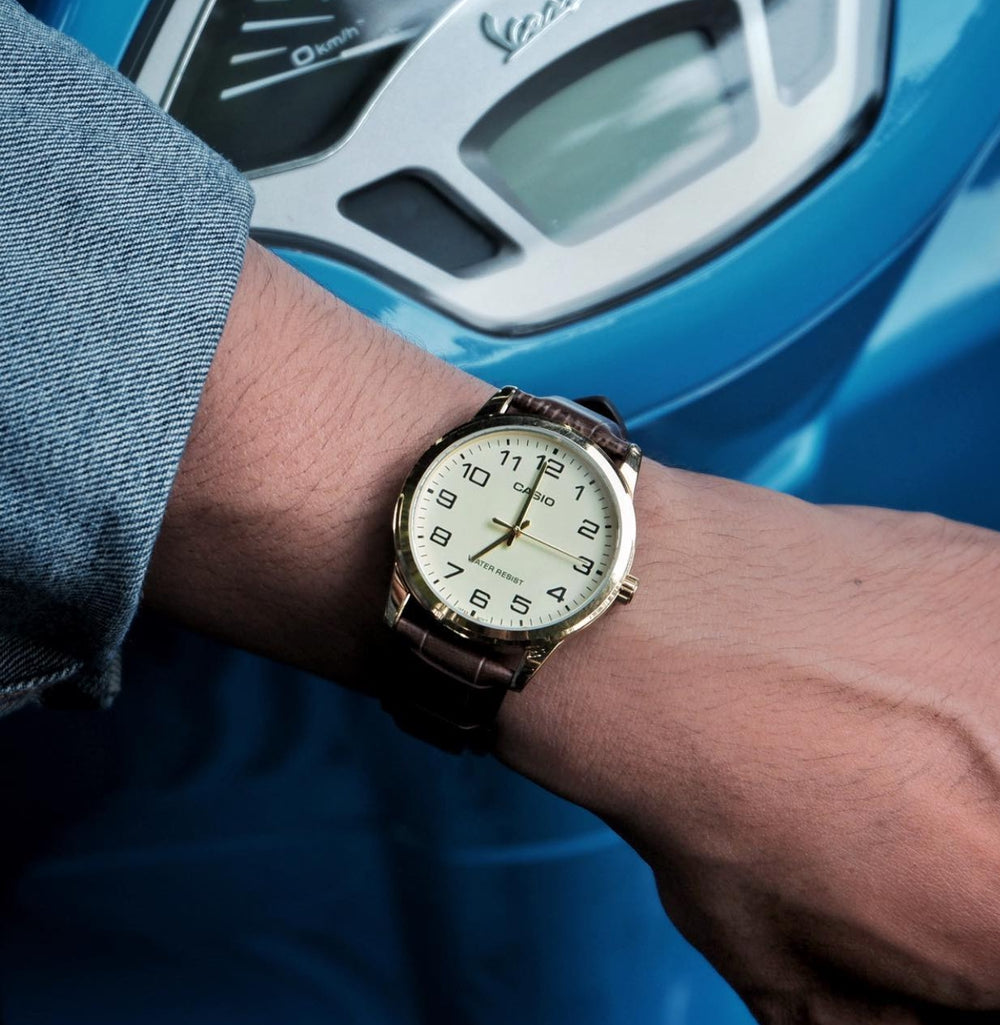 Casio Enticer MTP-V001GL-9BUDF Champagne Gold Dial Brown Leather Gold Tone Men's Watch | Casio MTP-V001GL-9BUDF