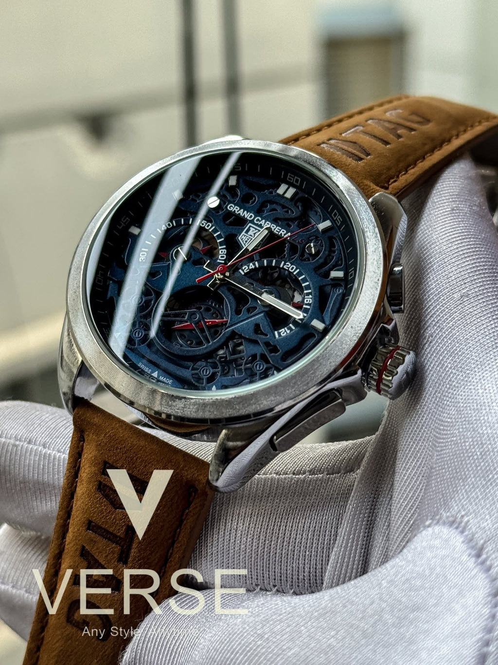 TAG Heuer Grand Carrera RS Chronograph Tan/Rich Camel Brown Belt Blue Dial AA - VERSE - 
