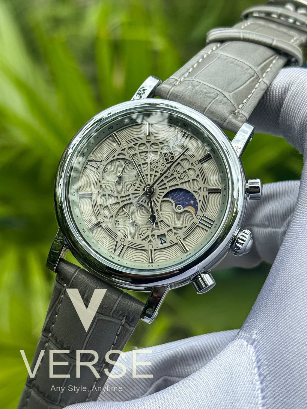 Patek Philippe Chronograph Moonphase Grey Belt Spider Grey Dial AA - VERSE - 