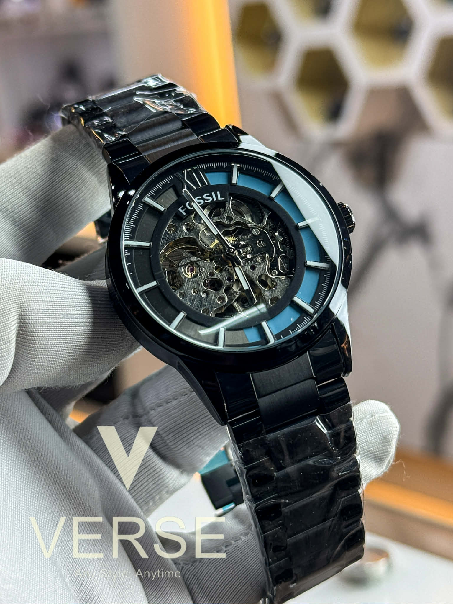 Fossil Townsman Automatic Black Chain | Skeleton Blue Dual - Tone Dial - VERSE - 