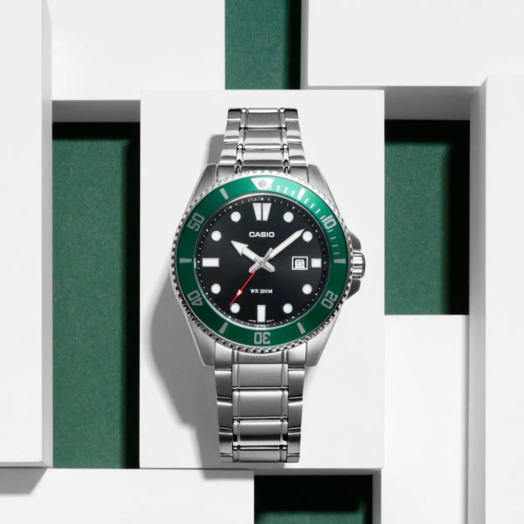 Casio MDV - 107D - 3AVDF Green Bezel 200m Stainless Steel Men's Diver Watch | Casio MDV - 107D - 3AVDF - VERSE - 