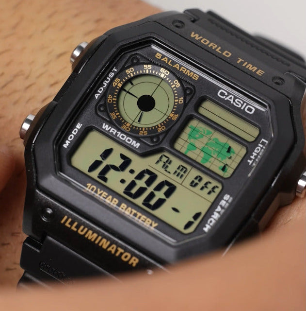 Casio AE-1200WH-1BVDF “Casio Royale” Men’s World Time Digital Watch with Black Resin Band | Casio AE-1200WH-1BVDF
