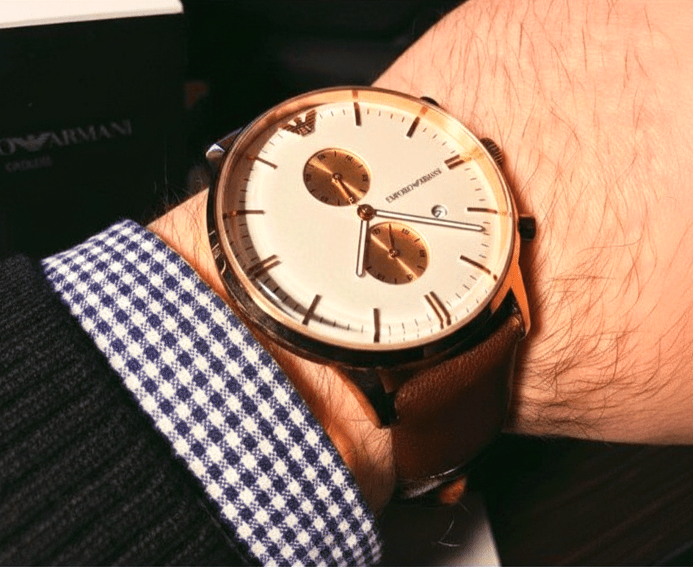 Emporio Armani Gianni AR0398 Men's 43mm Rose-Gold Chronograph White Dial Brown Leather| Emporio Armani Gianni AR0398VERSE