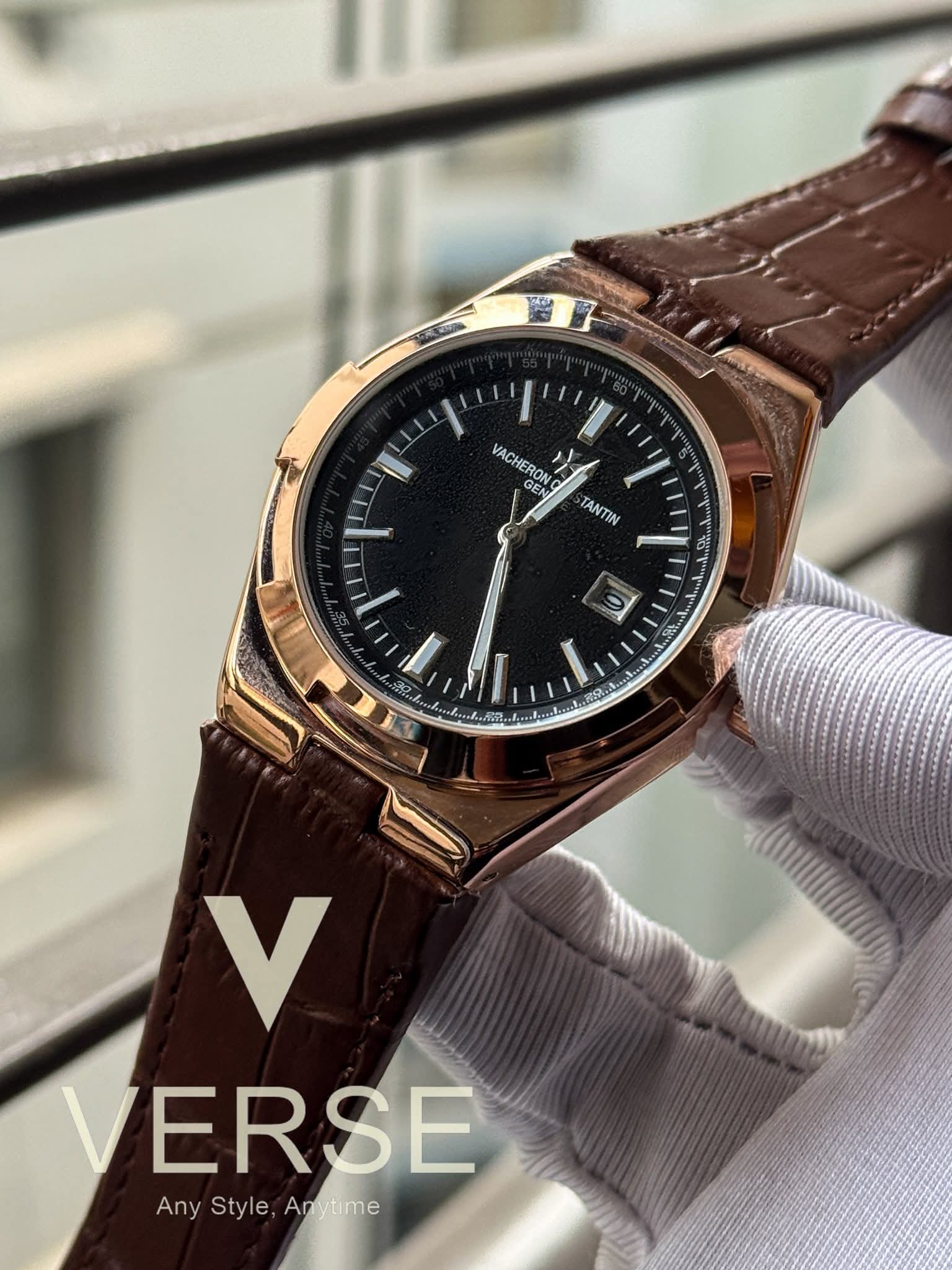 Vacheron Constantin Overseas Quartz Brown Belt Black Dial Rose Gold Case AA - VERSE - 