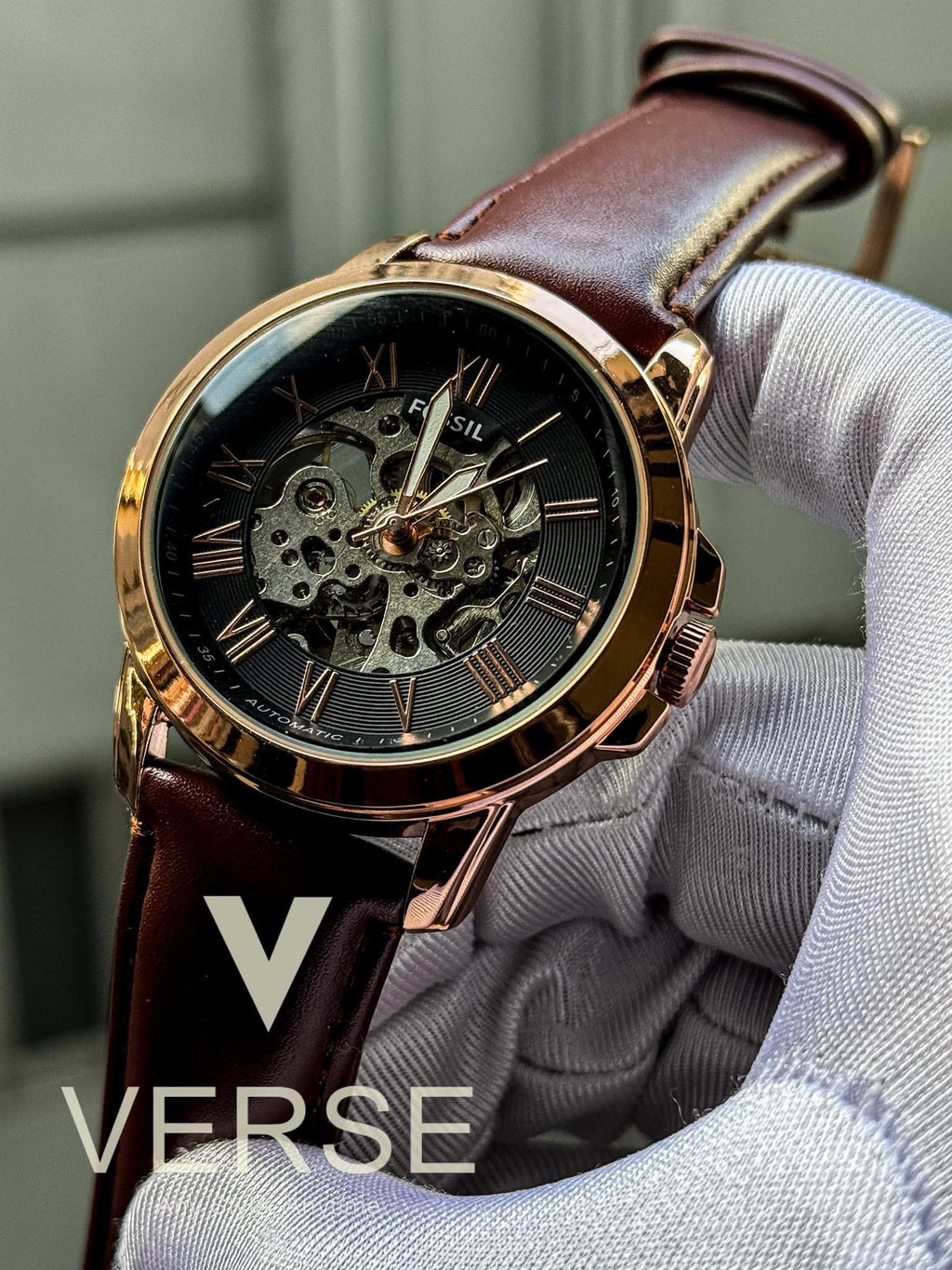 Fossil Automatic Maroon Belt Rose Gold AA - VERSE - 