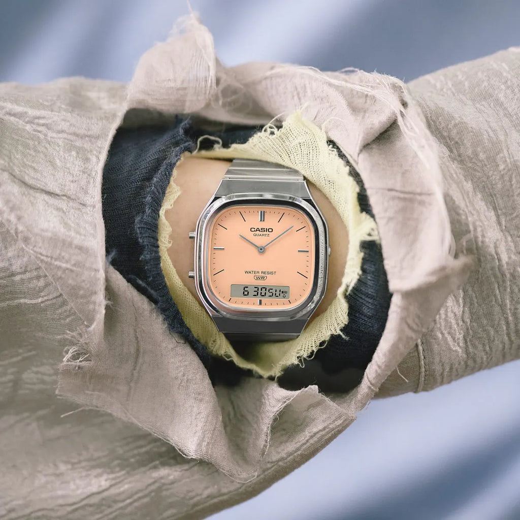 Casio Vintage AQ-240E-4ADF Salmon Pink Dial Stainless Steel Unisex Watch | Casio AQ-240E-4ADF