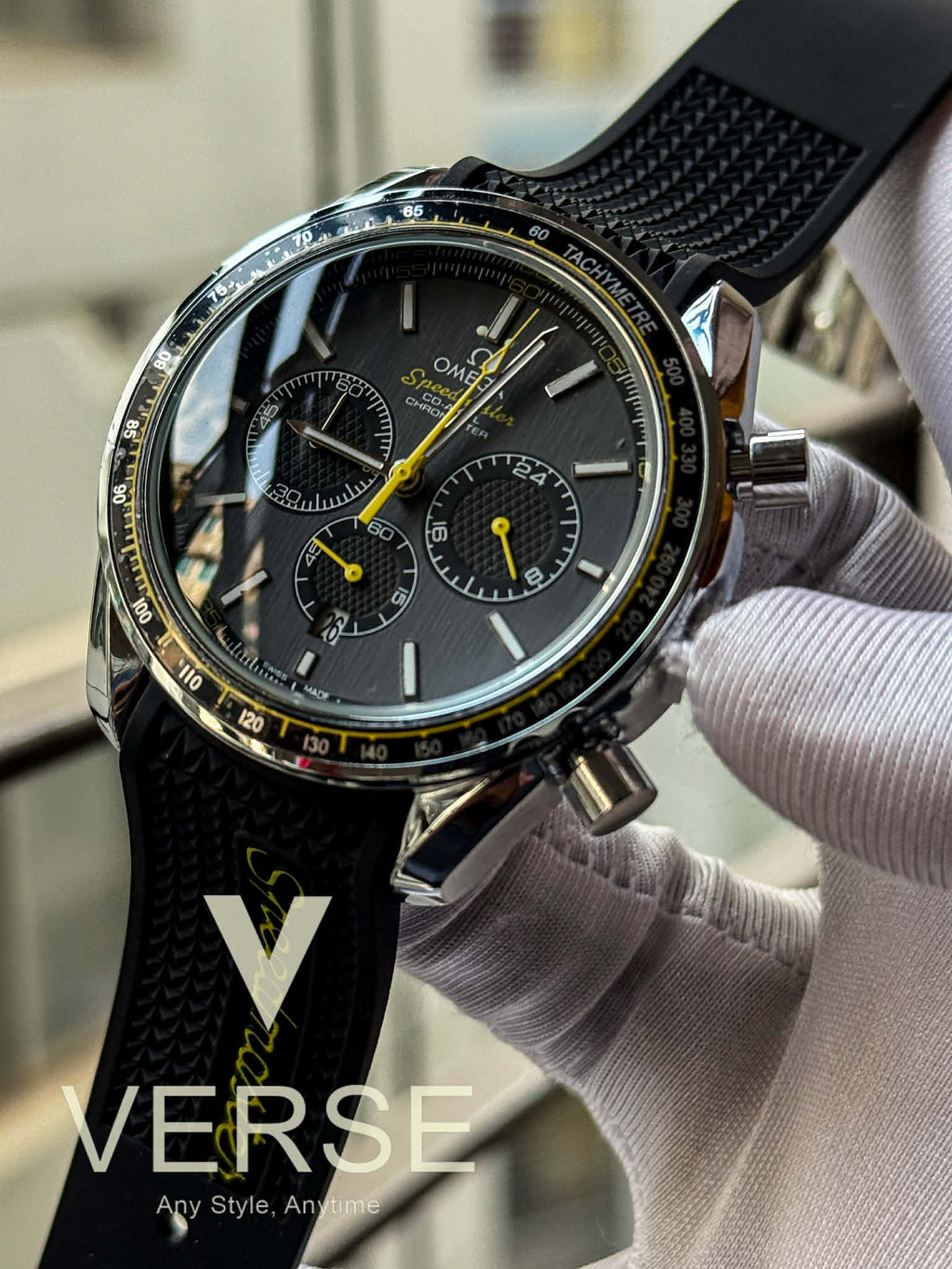 Omega Speedmaster Racing Chronograph Black Belt Grey Dial Yellow Accents AA - VERSE - 