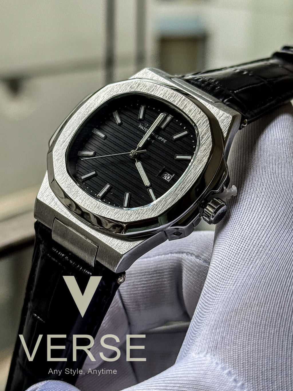 Patek Philippe Nautilus Black Belt Silver Case Black Dial Quartz AA - VERSE - 