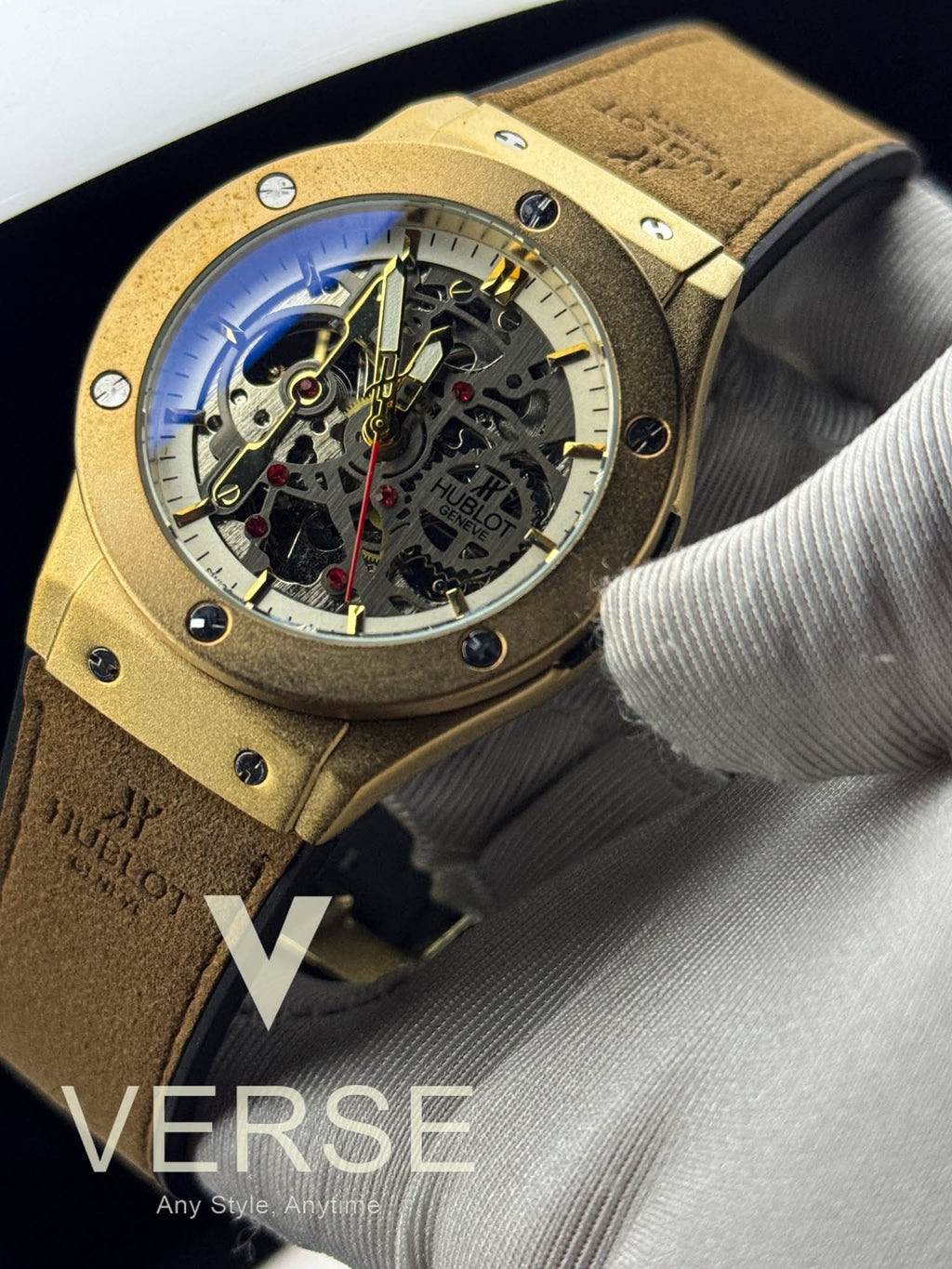 Hublot Automatic Rich Camel - Brown Belt Gold Case Openworked White - Gold Dial AA - VERSE - 