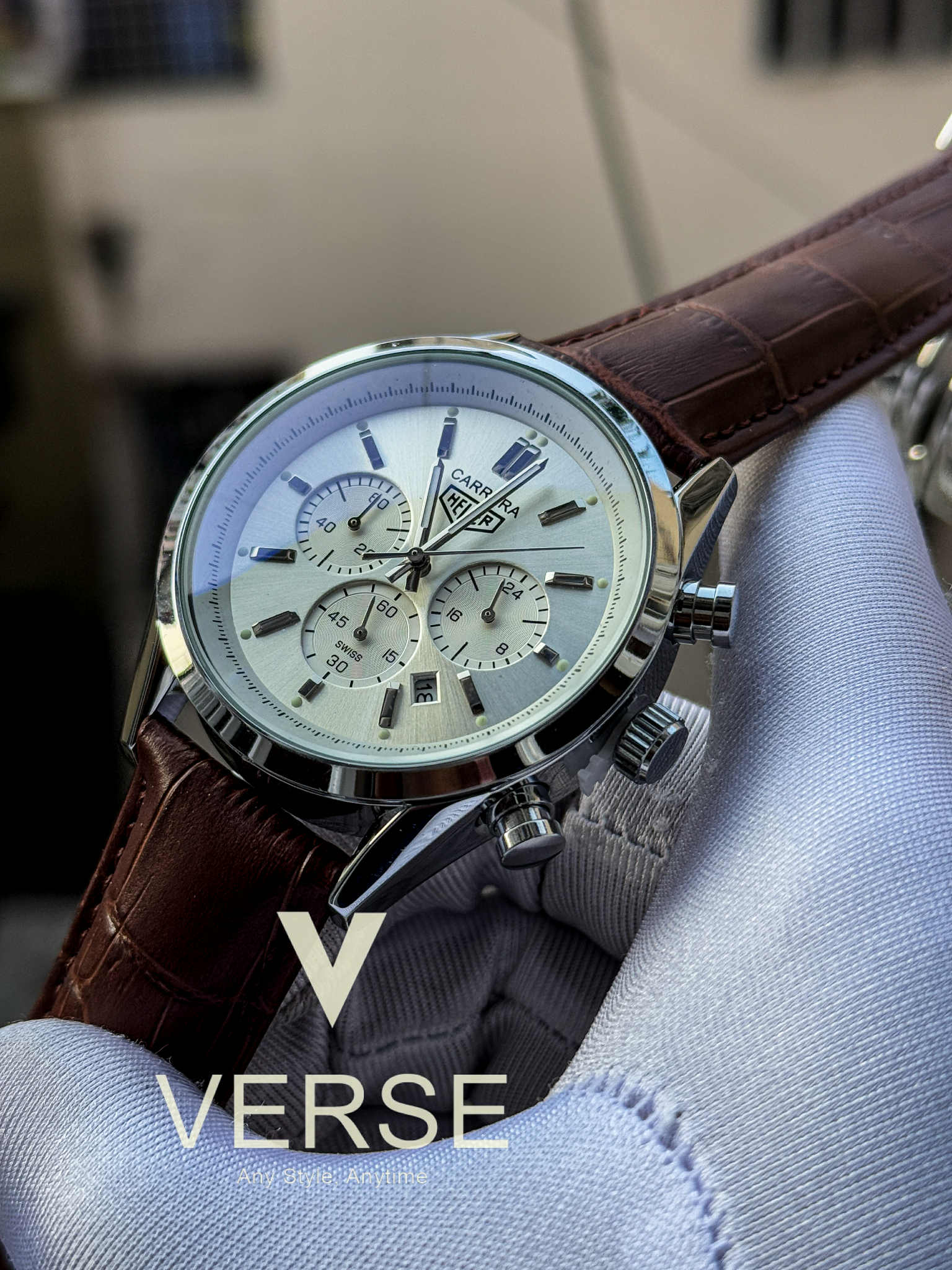 TAG Heuer Carrera Chronograph Brown Belt White Dial AA - VERSE - 